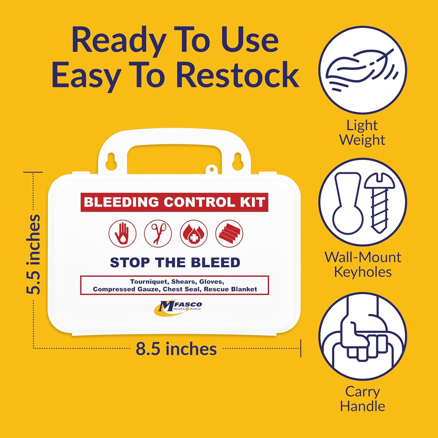 MFASCO 10-Piece Stop The Bleed - Bleeding Control Kit, Tourniquet, Compressed Gauze, Chest Seal, Portable, Easy-to-Open Packaging, Packed in A Plastic Kit That Can Be Mounted or Carried