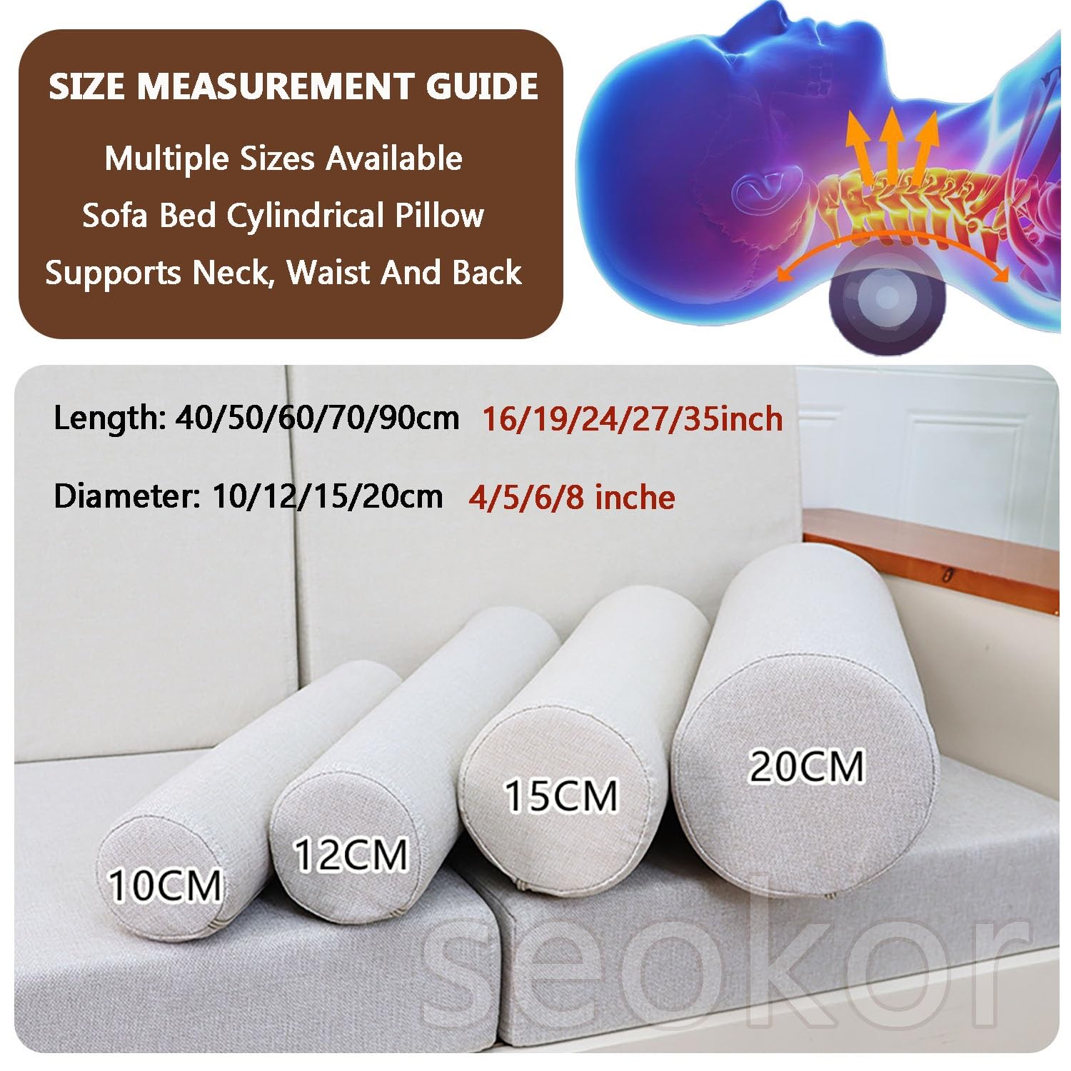 Cylindrique Coussin 40/50/60/70/90cm Oreiller Cervical Multifonctionnels Rouleau d'oreiller de Traversin Amovible Lavable pour Soutien tête, Cou, lombaires(C,20x60cm/8x24in)