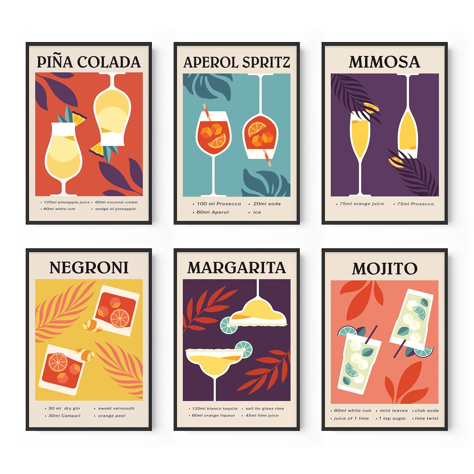 Cocktail Wall Art Posters Apartment Decor Paper Prints Unframed (6 Pcs 8x12 inch), Dorm Wall decor Bar Cart Accessories Prints for Wall Decor