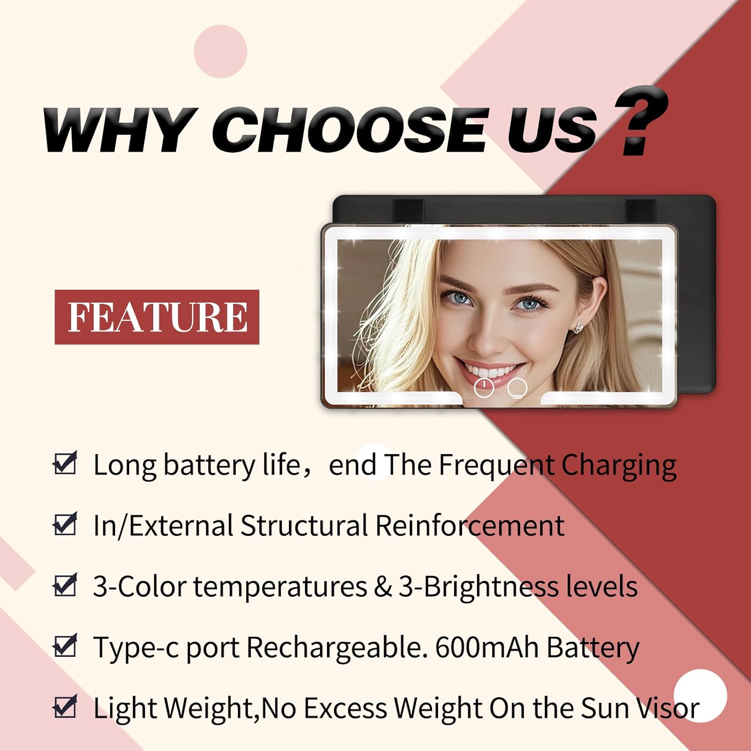 Car Vanity Mirror with Lights LED Visor Mirror for Car Rechargeable Touch Screen Mirror for Car Visor 3 Lighting Modes Travel Makeup Mirror Car Accessories for Women (2-PACK)