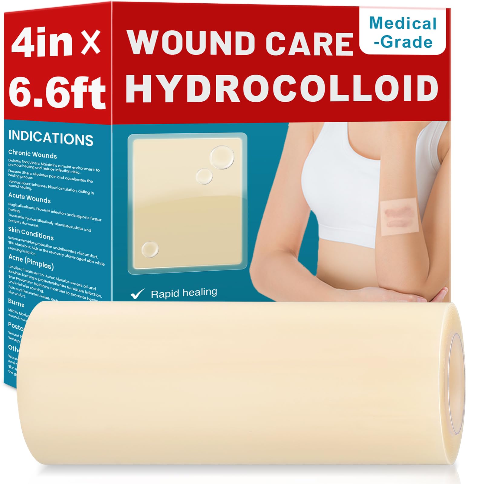WUYUAN Hydrocolloid Roll for Wound Care, 4in*6.6ft Hydrocolloid Bandages with Self-Adhesive, Extra Large Hydrocolloid Patch Bandages Cut-to-Size, Ultra Absorbent, Waterproof