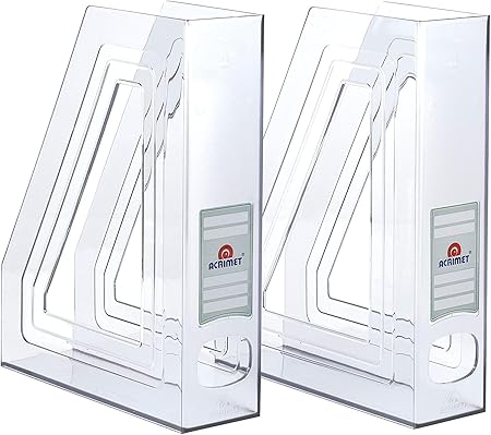 Acrimet Magazine File Holder – Vertical Rack for Documents, Folders and Mail, Durable Plastic Desk Organizer for Office & Home, Clear Crystal (2 Pack)