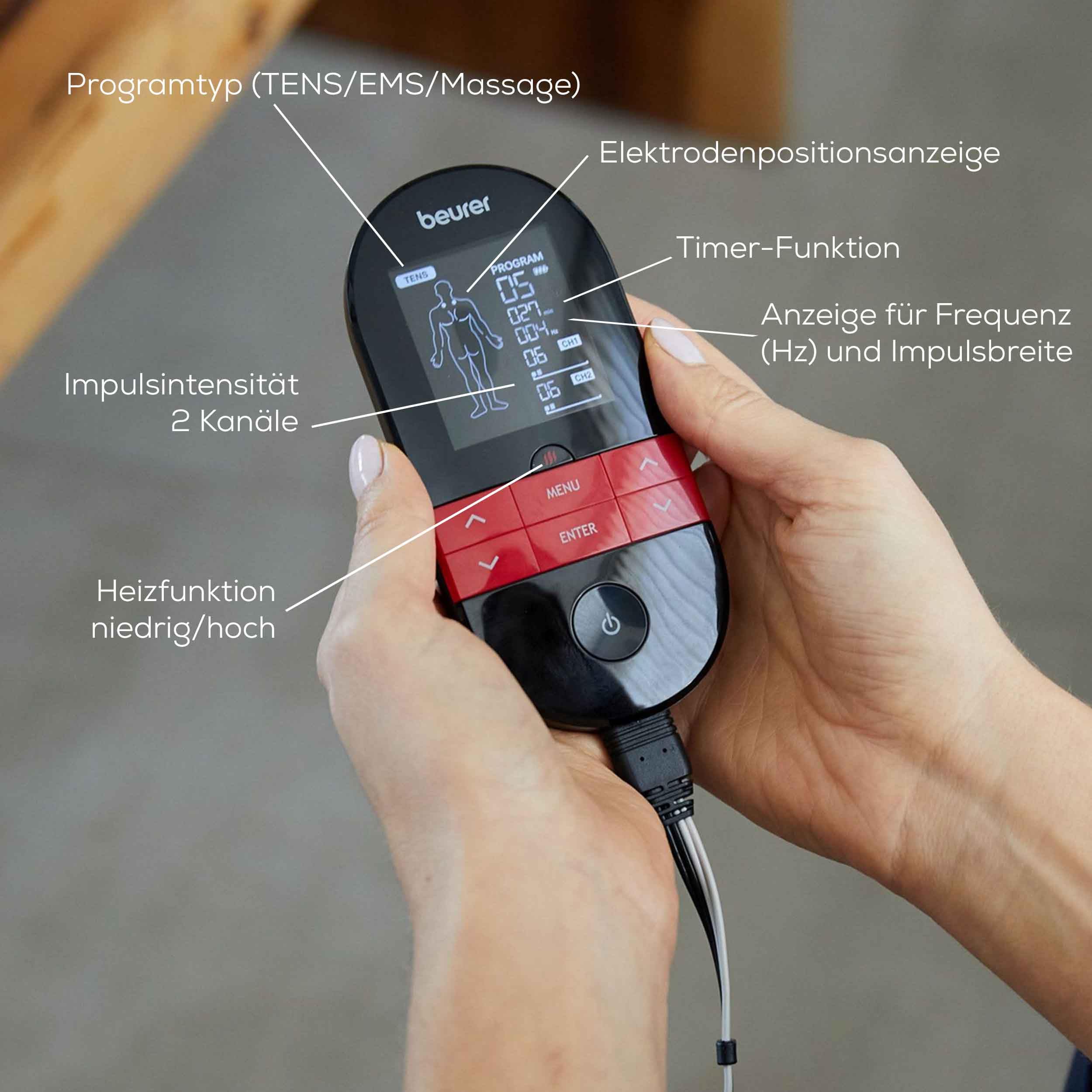 Beurer EM 59 Heat digitales TENS / EMS Gerät, 4-in-1 Reizstromgerät zur Schmerztherapie, Muskelstimulation, Massage und Wärmetherapie, inkl. 4 Elektroden und Akku