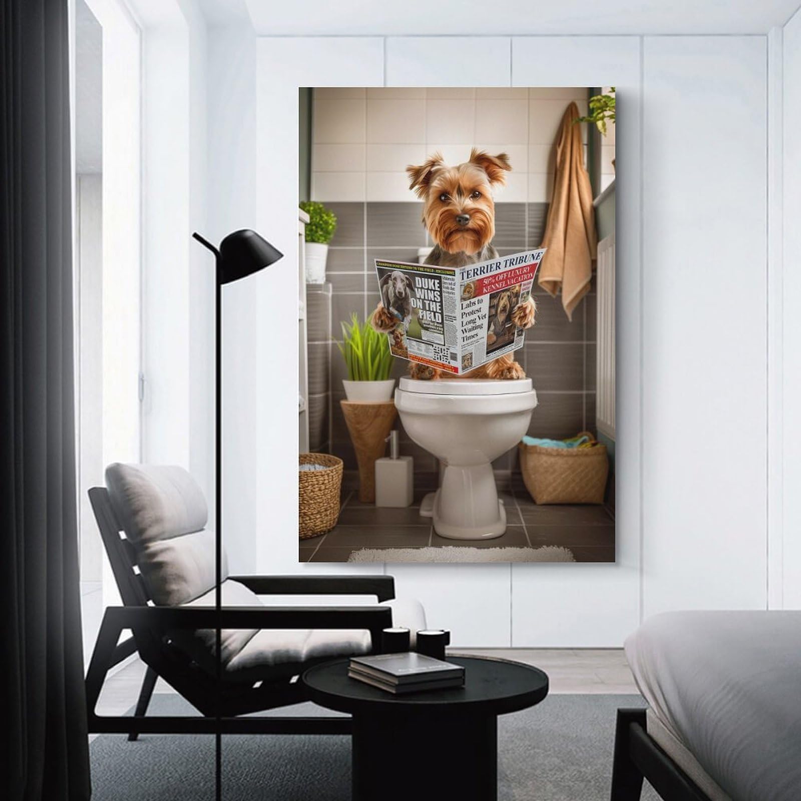 Junmoney Unframe-Style-18 Yorkshire Terrier Toilet Decorative Canvas Print, 24X36inch(60X90cm), For Home, Office, Studio Or Guest Room, Versatile Wall Decor For Many Rooms