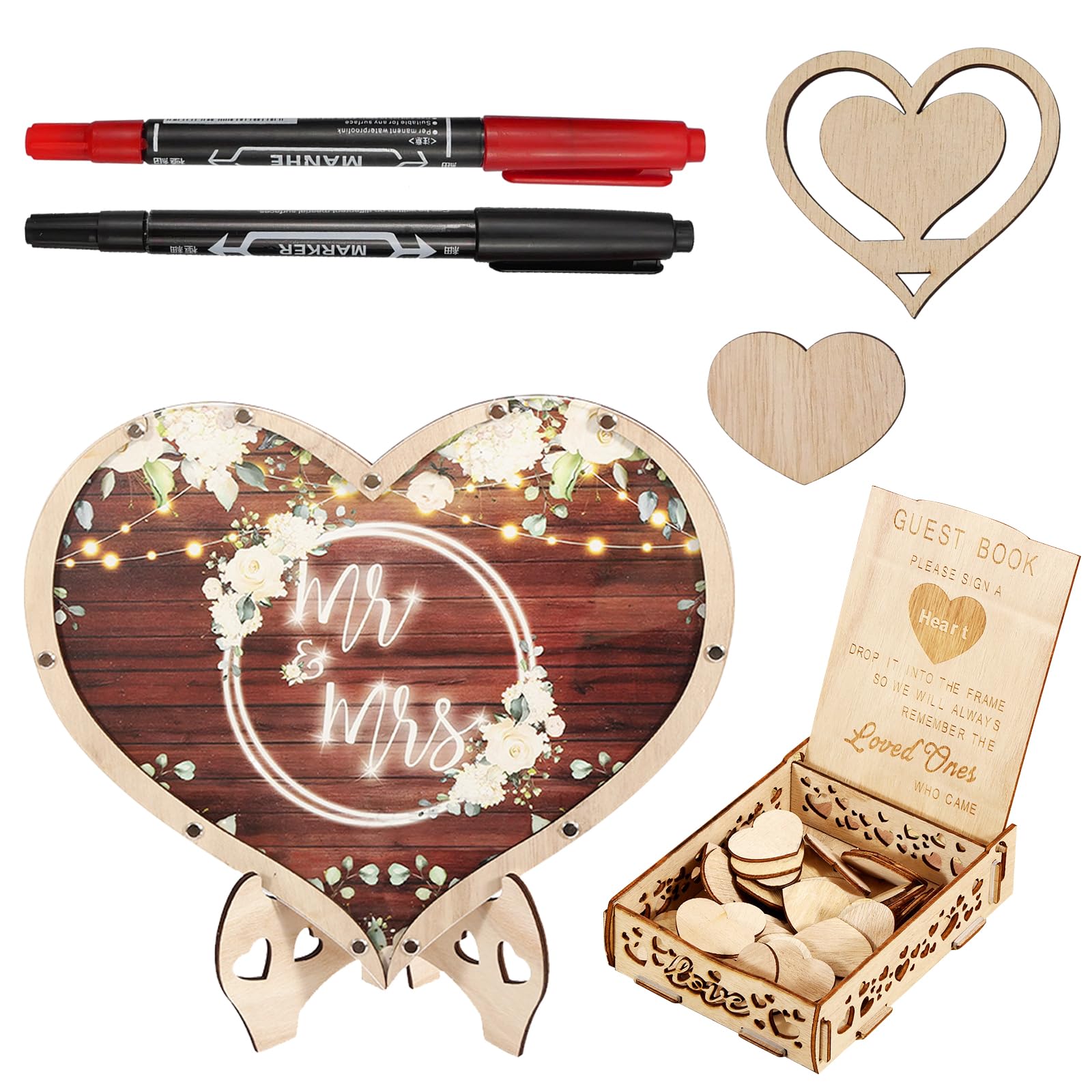 Hearts Wedding Guest Book Alternative Wooden Drop Box, Frame Guestbook, Large Personalised Wedding Guest Book for Wedding Favours, Bridesmaid Gifts, Wedding Decorations,80PCS Heart