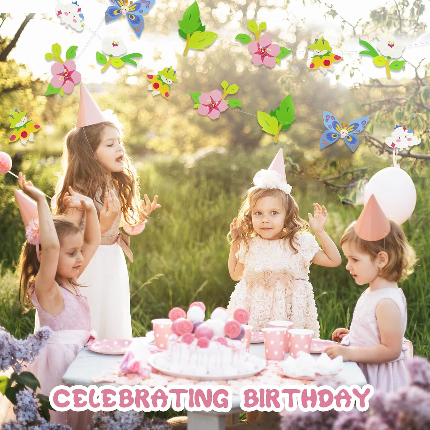 2PCS Flower Butterfly Banner, Floral Butterflies Party Decorations, Reusable Paper Fairy Wildflower Garland for Birthday Baby Shower Wedding Backdrop Tea Party Supplies Home Decor - Image 4