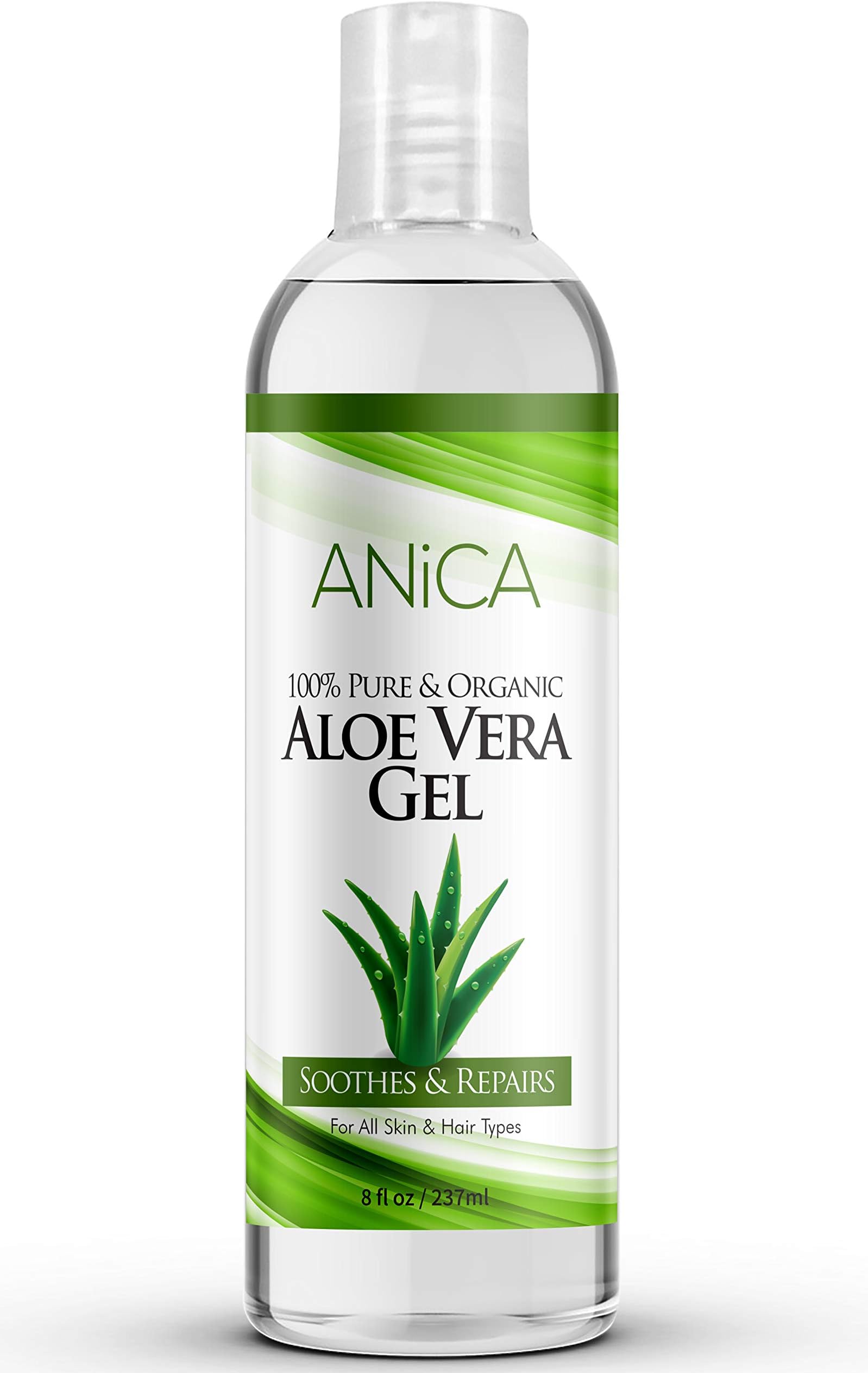 Aloe Vera Gel by Anica | Natural & Pure Skin & Hair Moisturiser | Great For Sun Burns, Dandruff, Eczema, Razor Bumps, Cuts, Rashes, Wrinkles, Scars, Acne, Nails | Organic, Cold Pressed & Cruelty Free