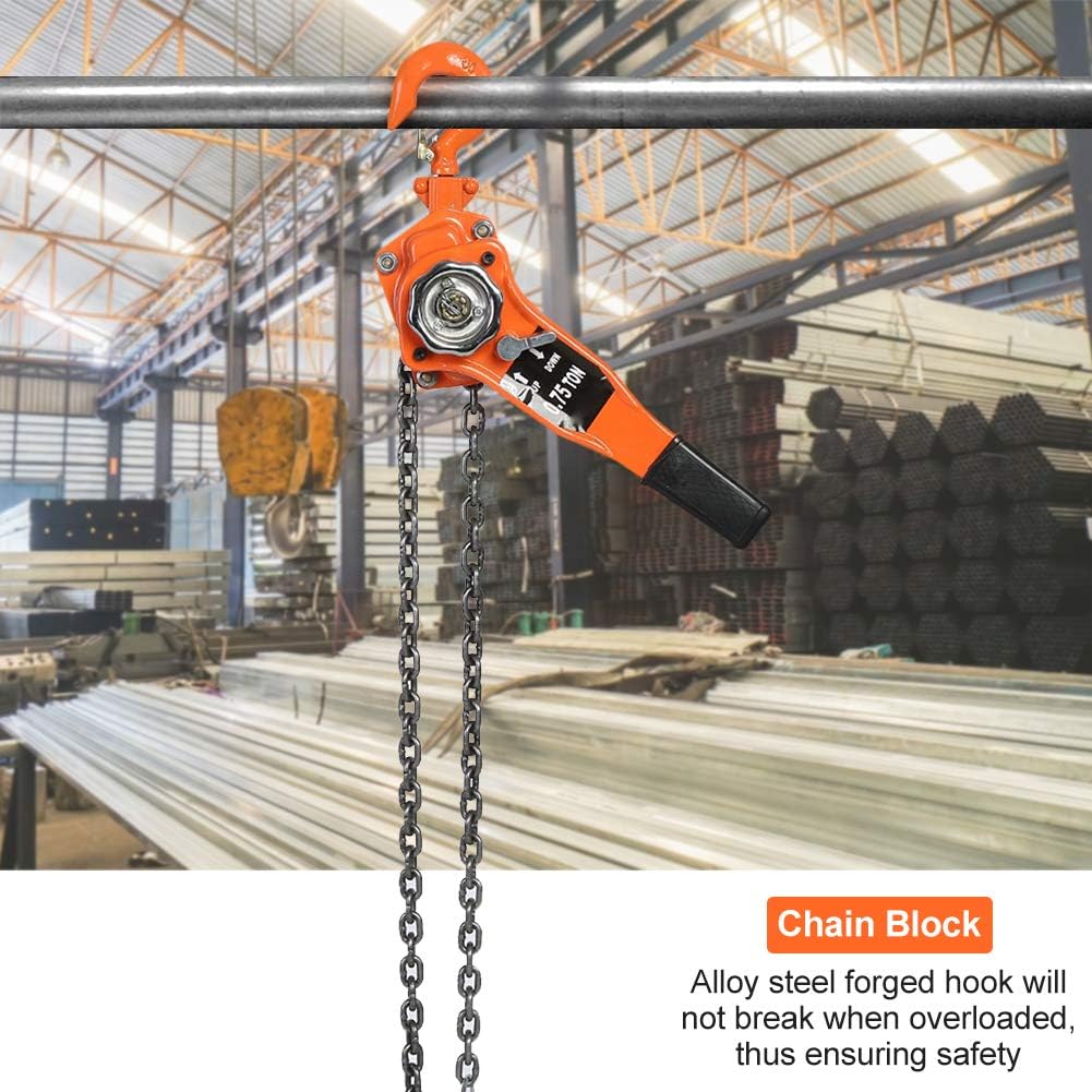 Manual Lever Hoist Chain 10FT 3/4 Ton 1650lbs Chain Come Along Block Hoist Ratchet Chain Puller Lifting Equipment for Heavy Duty Lifting