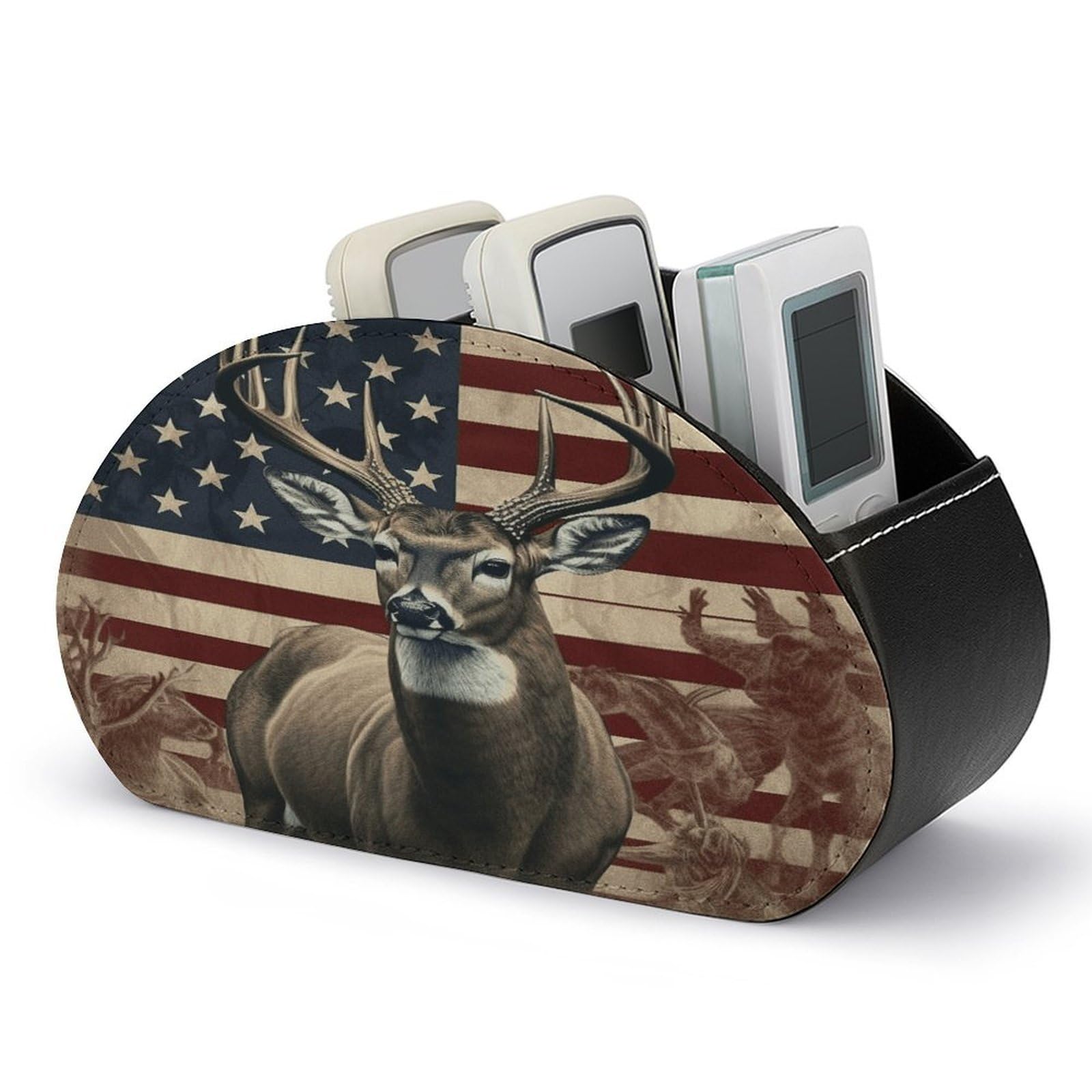 VstaDank Americana Flag Deer Remote Control Holder with 5 Compartments PU Leather TV Remoter Caddy Desktop Organizer TV Remote Holder Remote Box for Media Controllers Office Supplies