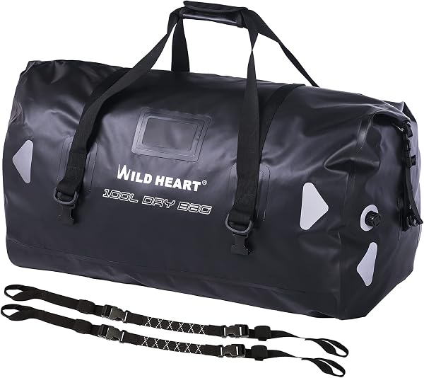 WILD HEART 防水バッグ ダッフルバッグ 40L 66L 100L 溶接シームショルダーストラップ付き バインディングロープ カヤック キャンプ ボート/バイサイクル オートバイドラムバッグ ツーリング シートバッグ オートバイ アウトドア (黒, 100L) - 1