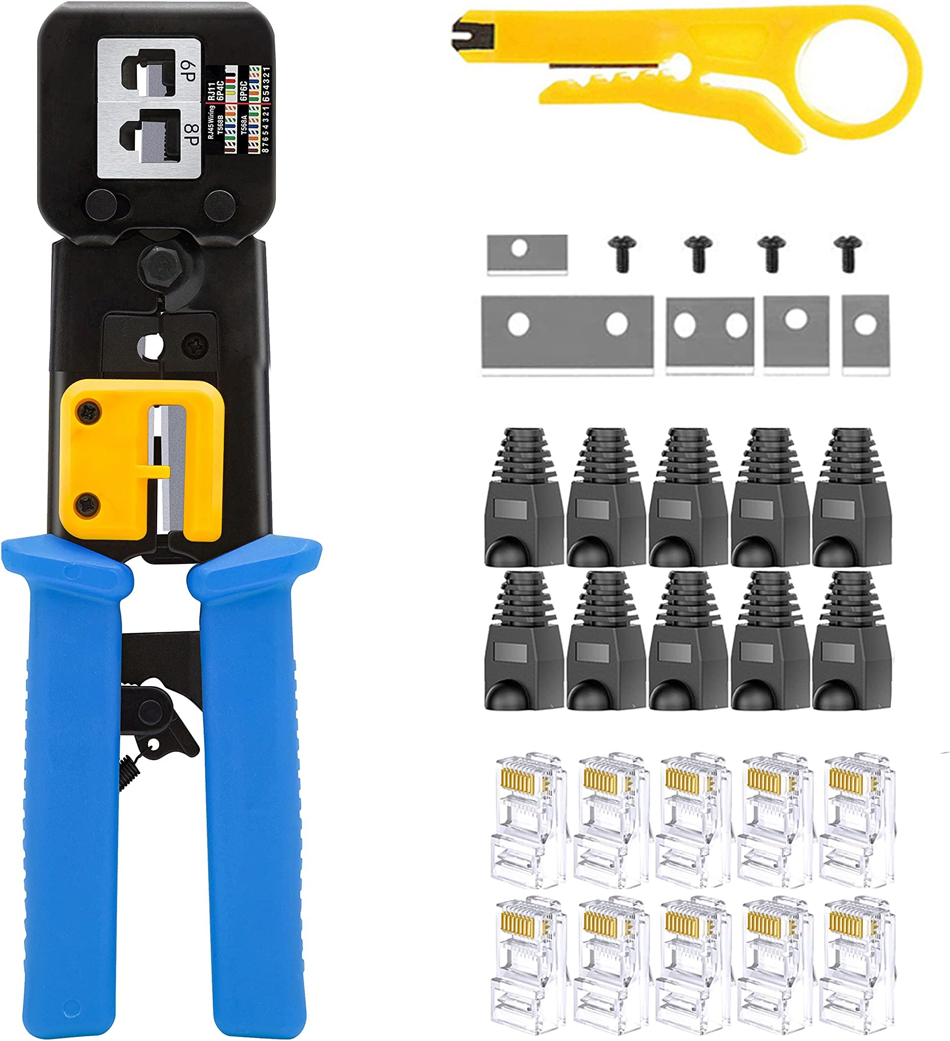 MAYLINE-TECHMAYLINE RJ45 Crimp Tool Kit Cat5 Cat5e Ethernet Crimping Tool, RJ-11, 6P/RJ-12, 8P/RJ-45 Crimp, Cut and Strip Tool with 10PCS RJ45 Connectors (Blue)