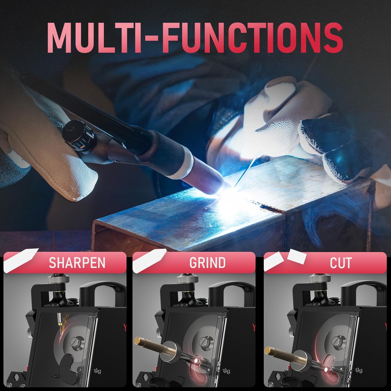 YESWELDER Tungsten Electrode Sharpener Grinder For TIG Welding, TIG Welding Accessories with Multi-Angle 5 Sizes, 110V/230V TIG Welding Rotary Tool with Flat Grinding Block Cut-Off Slot