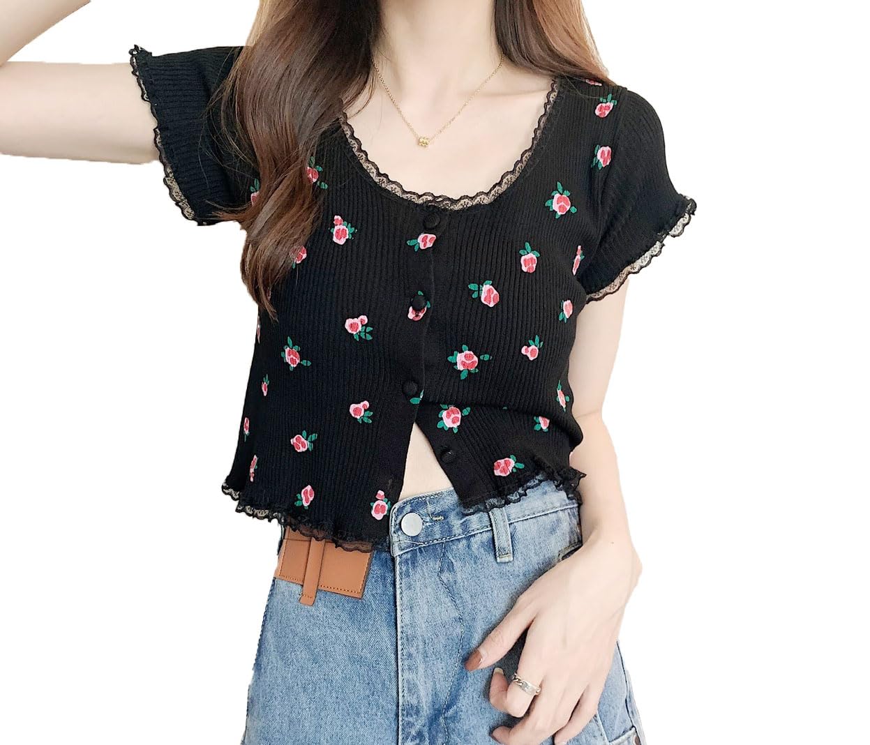 Icwwomens Korean Style Round Neck Half Sleeve Button Up Floral