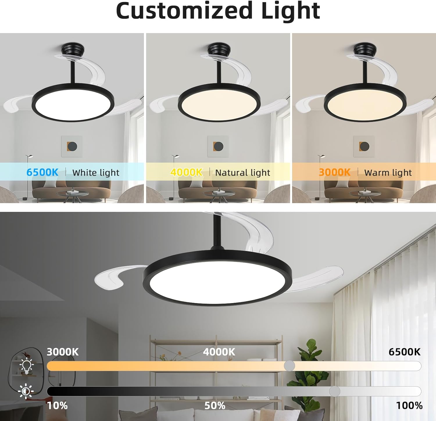 42 inch Retractable Ceiling Fan with Lights,6 Speed Dimmable Silent Fan,Modern Ceiling Fan with Light Remote Control for Bedroom Living Room Kitchen (Black)