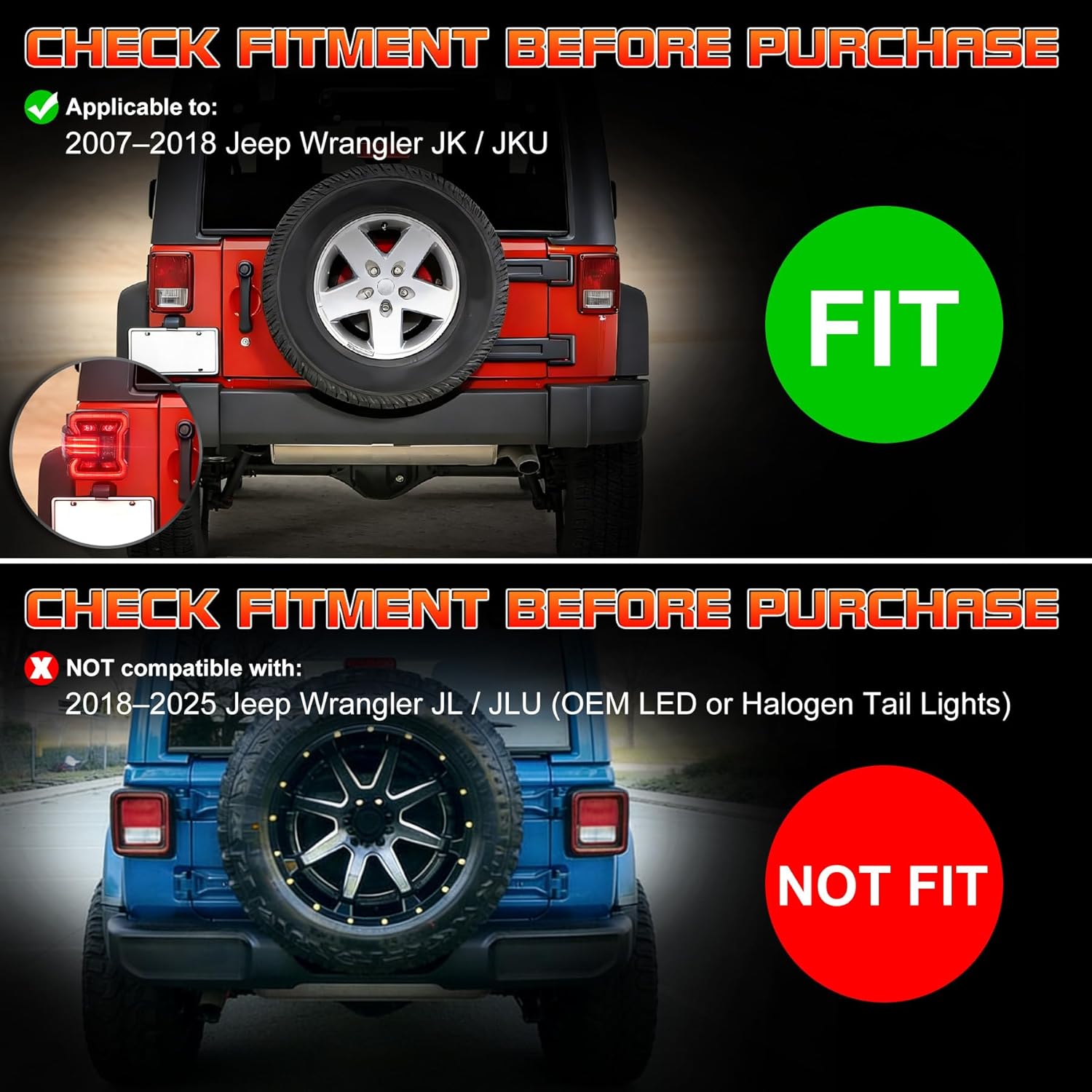 JK LED Tail Lights for 2007-2018 Jeep Wrangler JK JKU, Smoke Lens Rear Brake Turn Signal Reverse Lights, Plug & Play, Waterproof