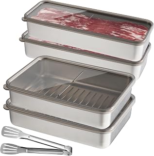 OMISTAR 4 PCS Deli Containers with Lids Tongs, Bacon Containers for Refrigerator, Fridge Organizer, Cheese Container Dishwasher Safe Long Meat Storage Containers Fruit Tray with Lids
