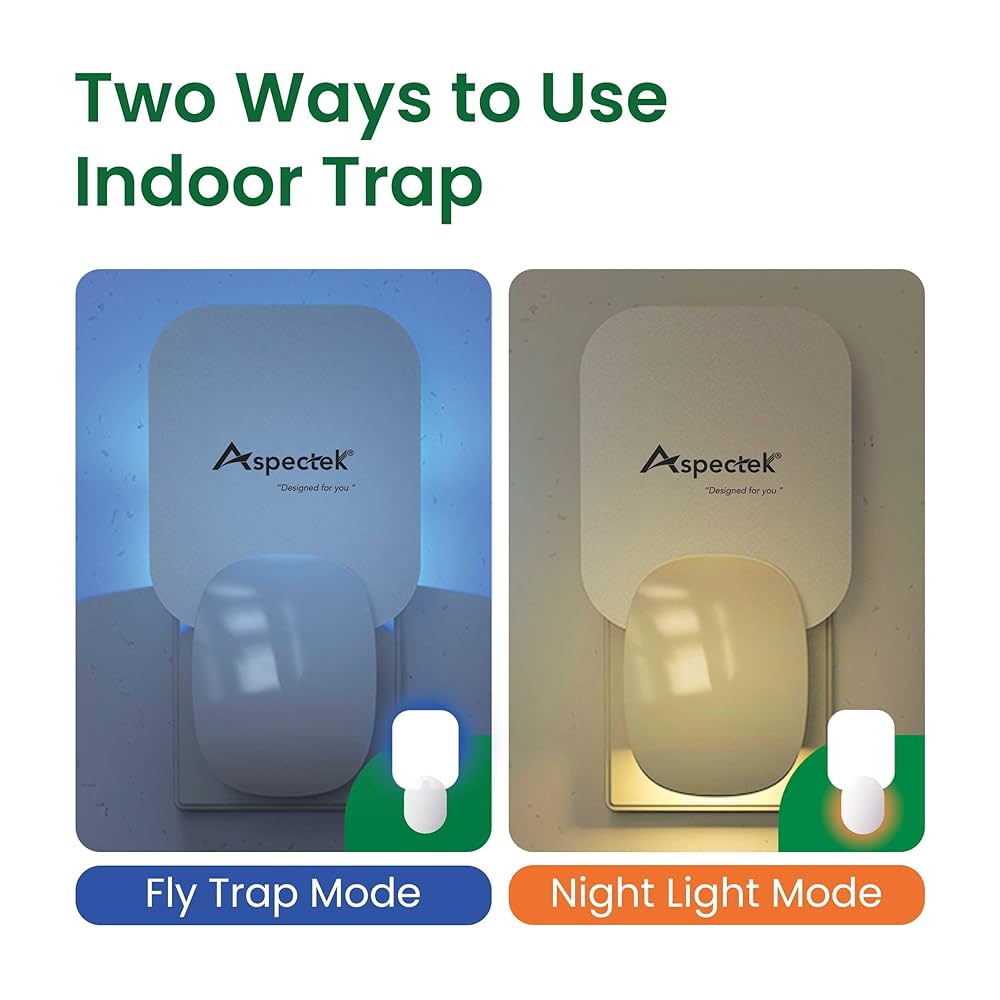 Aspectek Piège à Mouches UV - 12 Plaques Collantes - Veilleuse Intégrée - Pour Maison Et Chambres