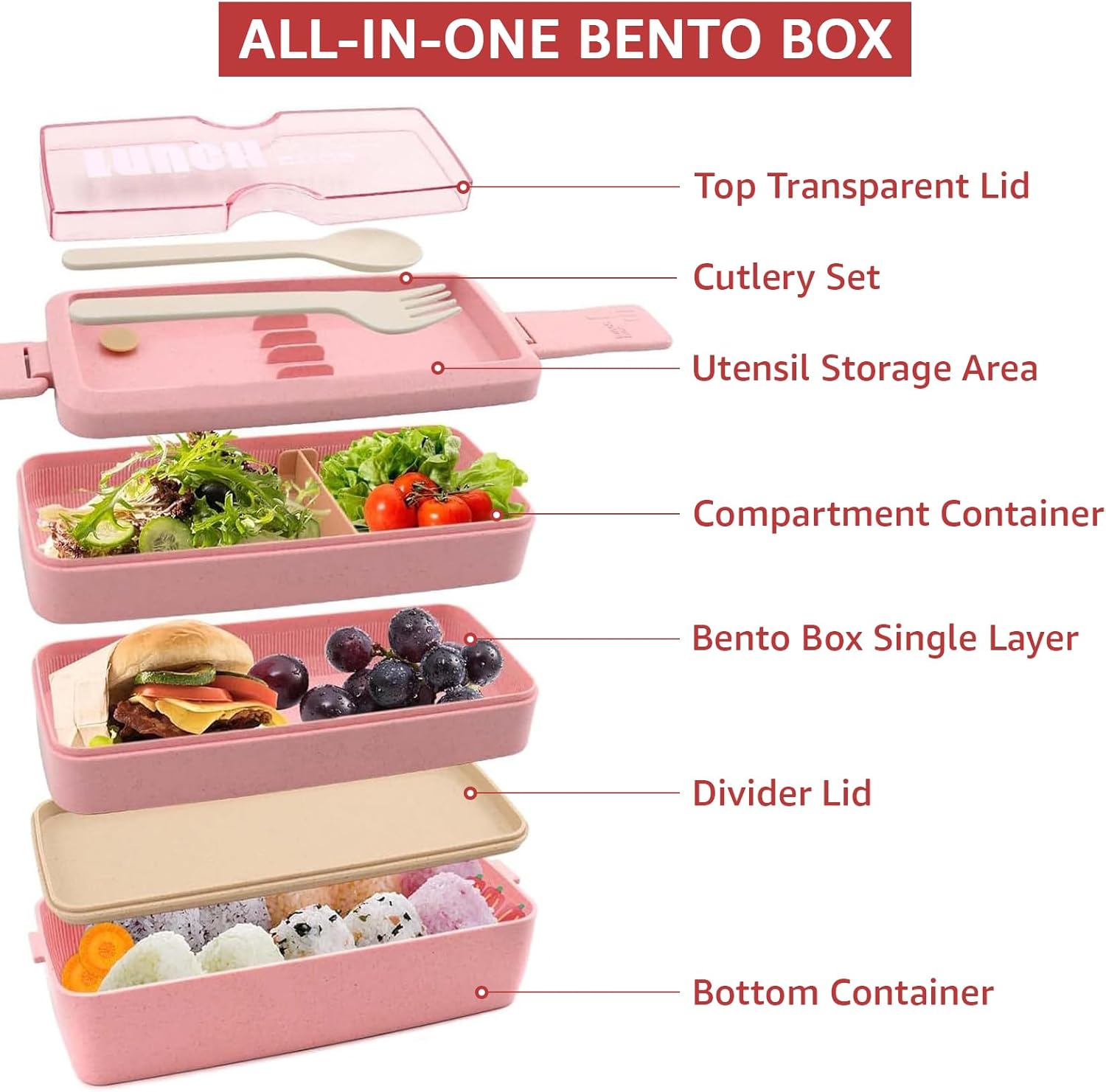35Pcs Bento Box Japanese Lunch Box Kit Leakproof Bento Lunch Box for Kid Adult Wheat Straw 3 Layer Stackable Lunch Container w Compartment Lunch Bag for Teen Prepy Girl Meal Prep Containers (Pink)