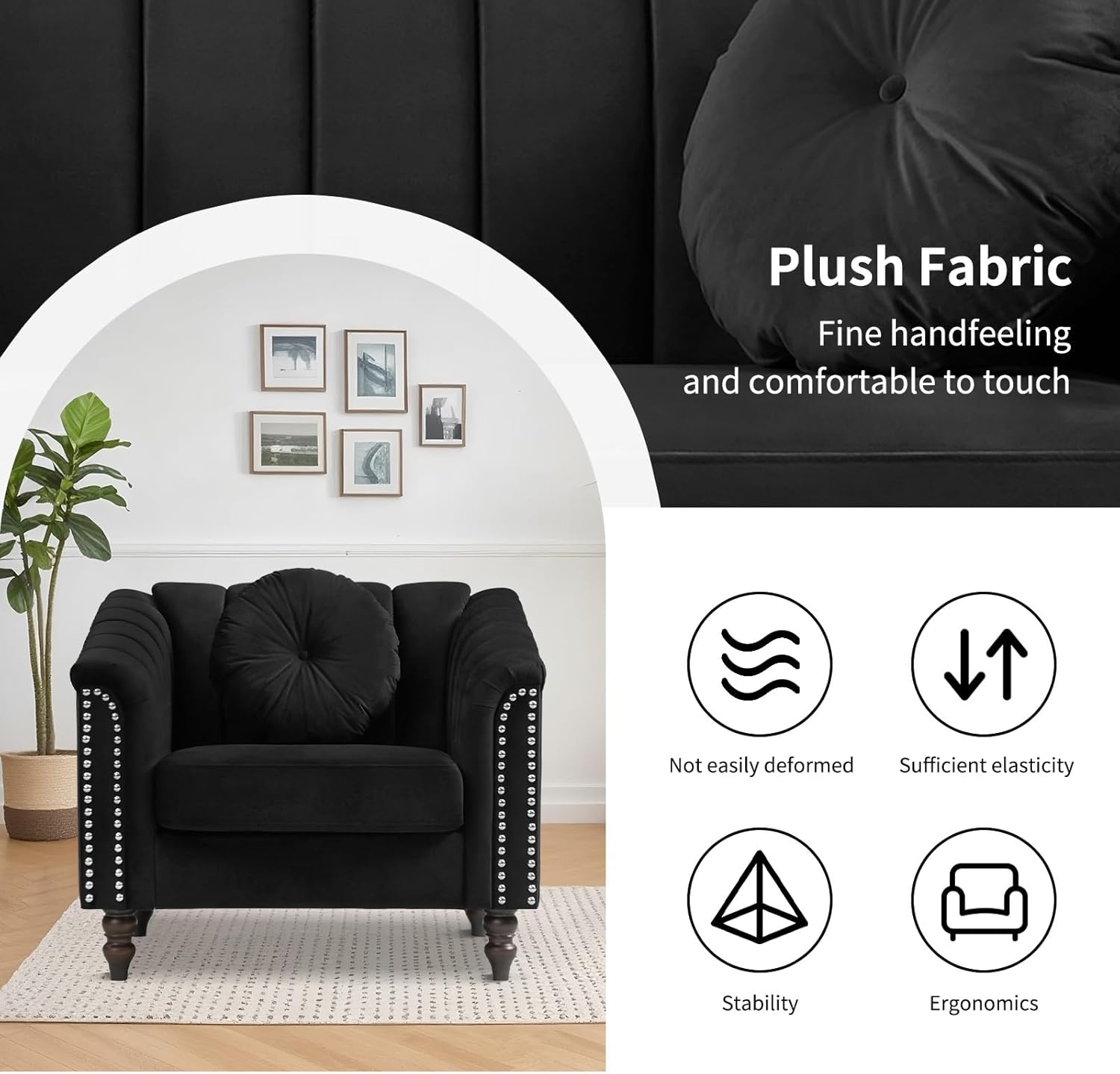 Modern Lounge Accent Chair with Arm Rest and Cooper Nail Mid-Century Modern Armchair with Bolster Pillows, Curved Backrest Flannel Armchair for Reception Room, Gaming Deep Seat Velvet Couch(Chair)