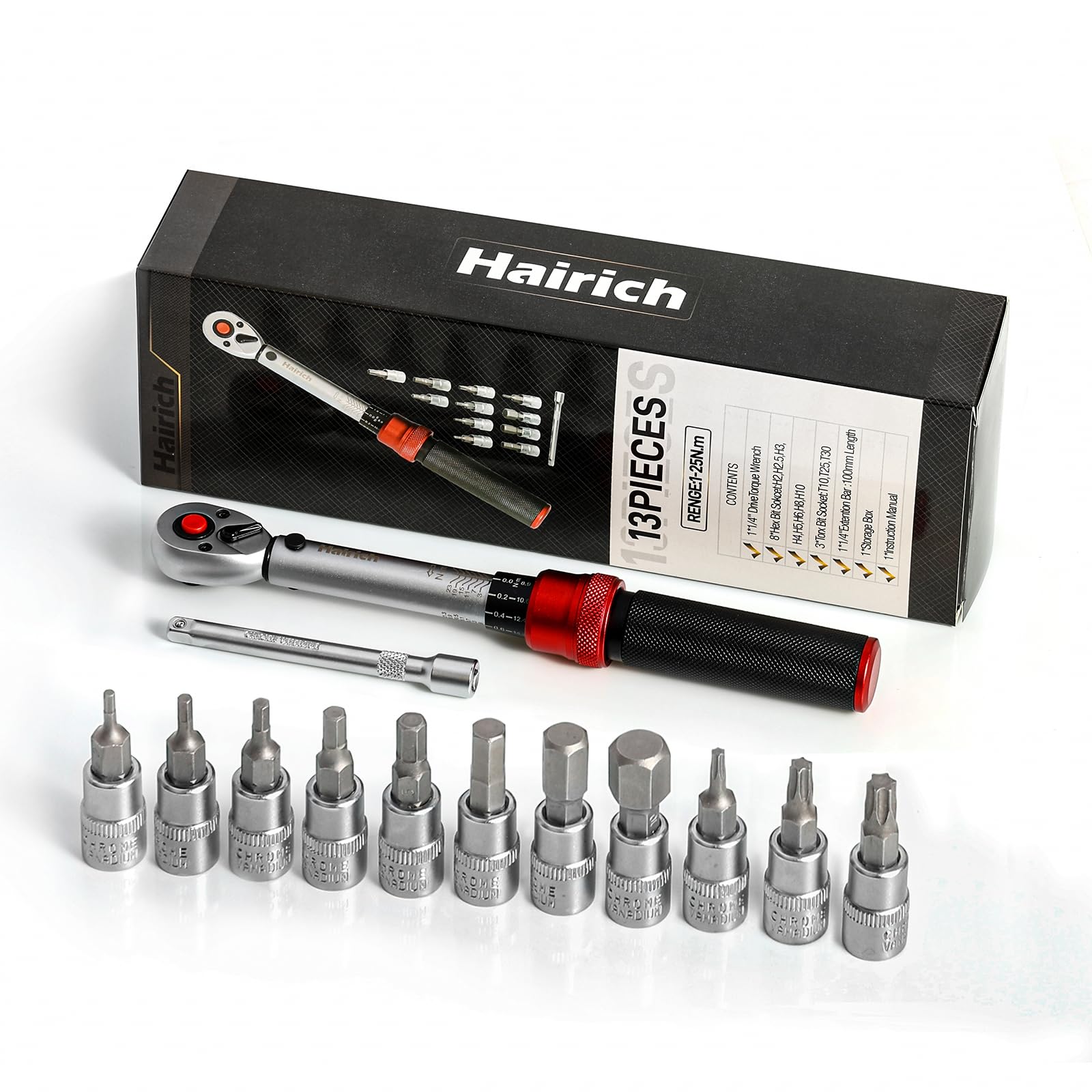Hairich Drehmomentschlüssel Fahrrad 1/4 Zoll, 1-25Nm, 13-Teiliges Klein Torque Wrench Set, 72 Zähne Umschaltknarre, Ratschenkasten inkl. 10 cm Verlängerungsstange, Innensechskant und Torx Bits