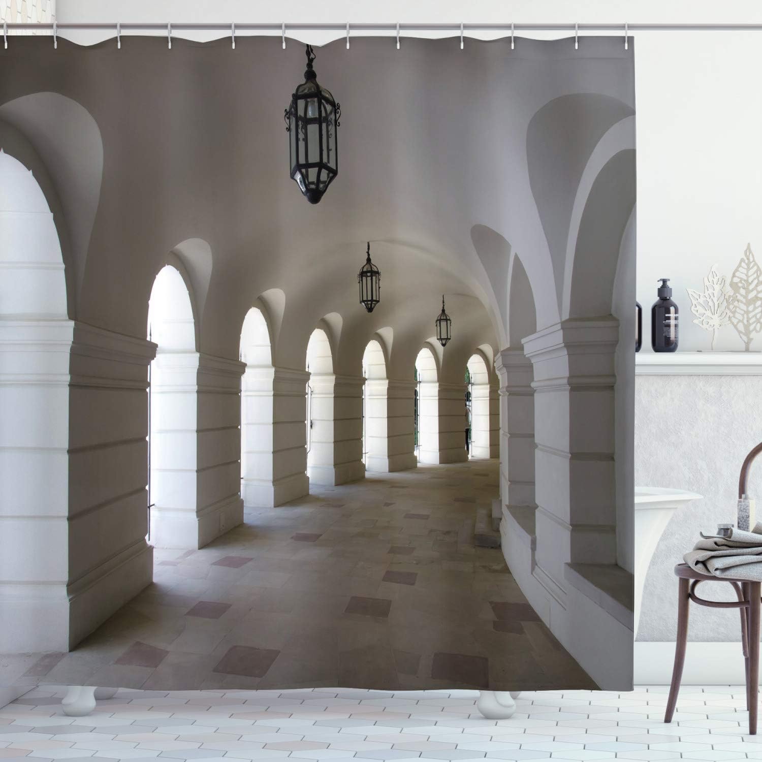 Ambesonne Medieval Shower Curtain, Middle Ages Buildings Corridor Arches Architectural Classical Scene View Art Print, Cloth Fabric Bathroom Decor Set with Hooks, 69" W x 75" L, Cream