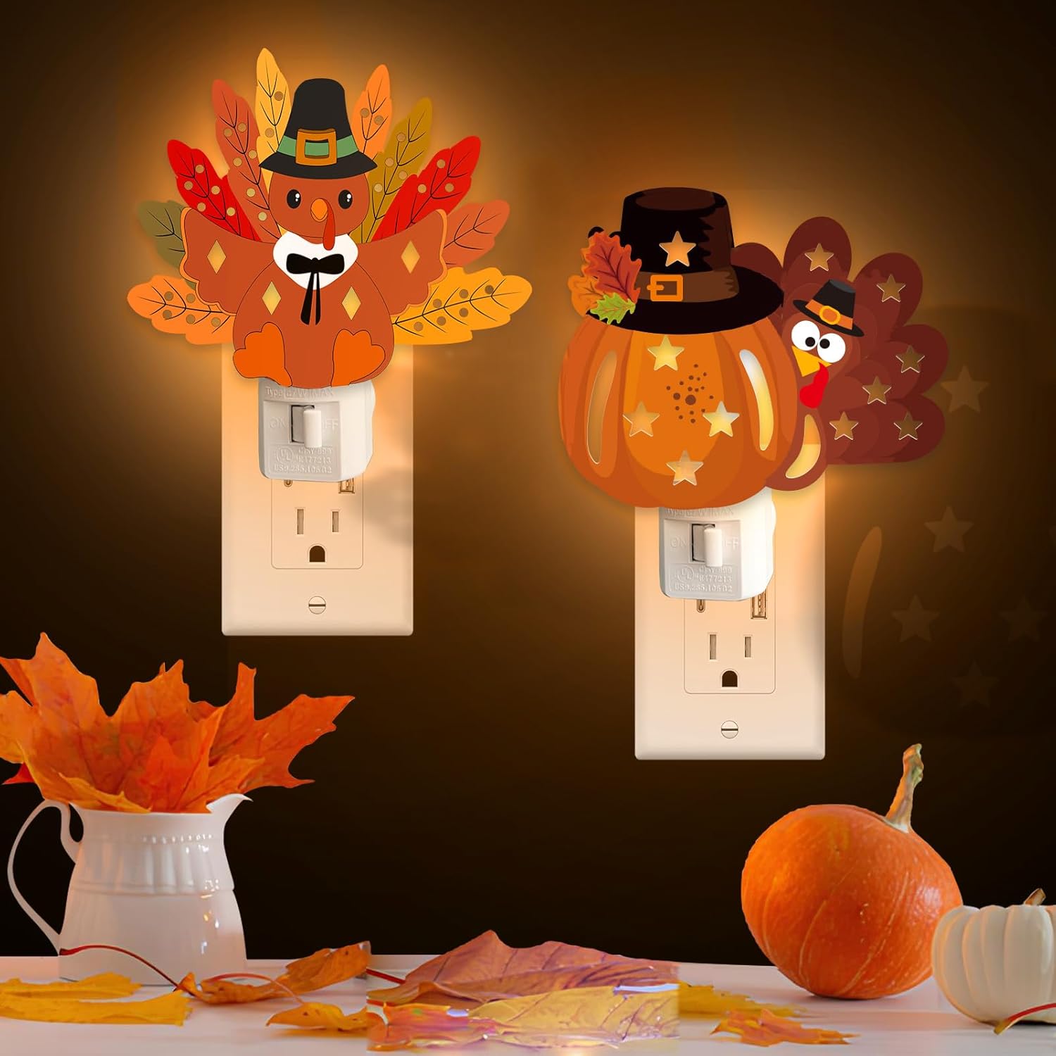 2 Pack Thanksgiving Turkey Night Light Plug into Wall Turkey Lamp Decor Gifts Soft LED Illumination for Home Hallway Stairway Kitchen Corridor Fall Thanksgiving Decoration