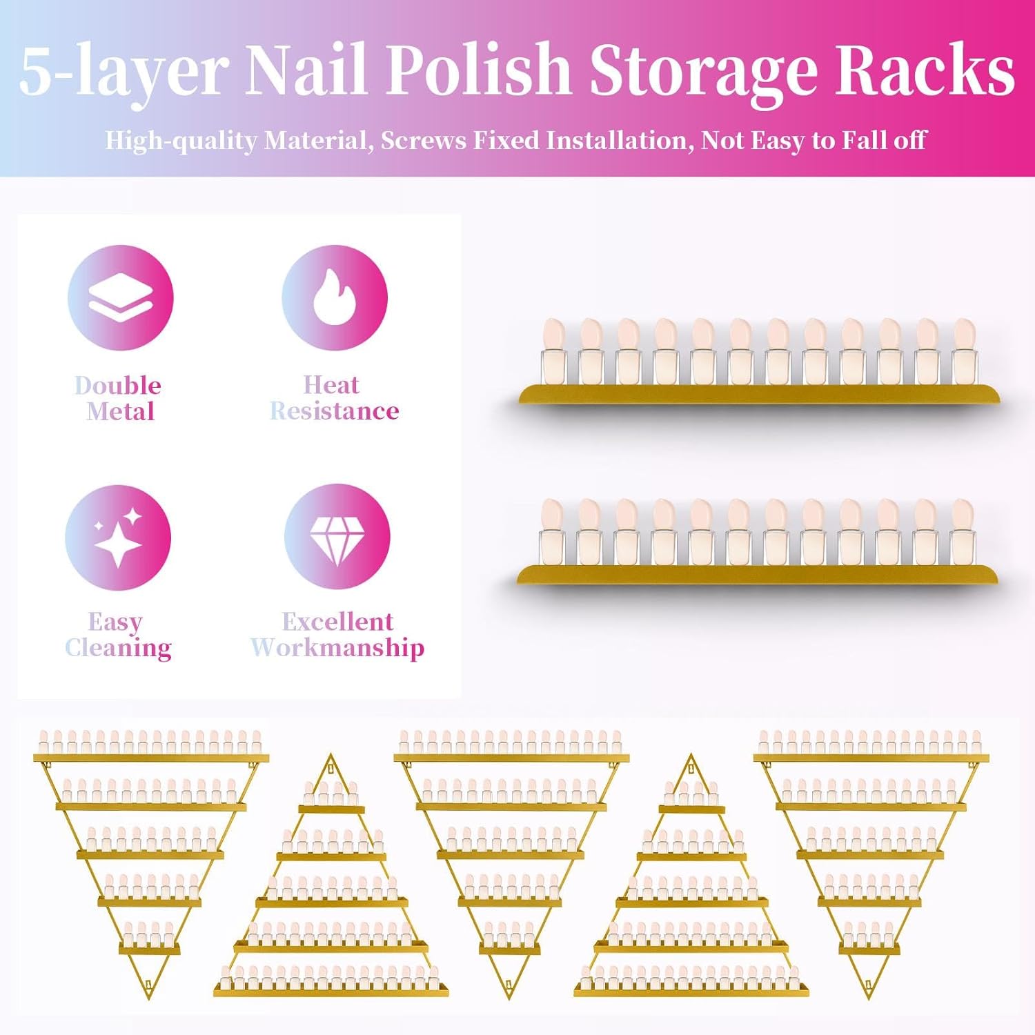 Wall Nail Polish Organizer 5 Tiers - 10pcs Nail Polish Shelf for Walls - Versatile Nail Polish Wall Organizer for Makeups Lipstick Perfume Display in Spa Nails Salon Shop, Easy Installation (Gold)