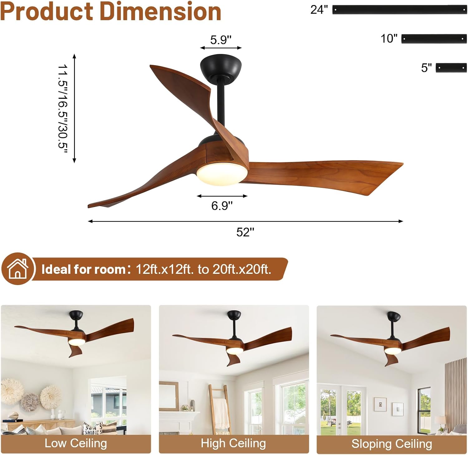 CACI Mall 52 Inch Wood Ceiling Fans with Lights, Solid, 3 Blades Indoor/Outdoor Ceiling Fan with Light and Remote, Dimmable, Quite, 3 Downrods for Patios Porch Farmhouse