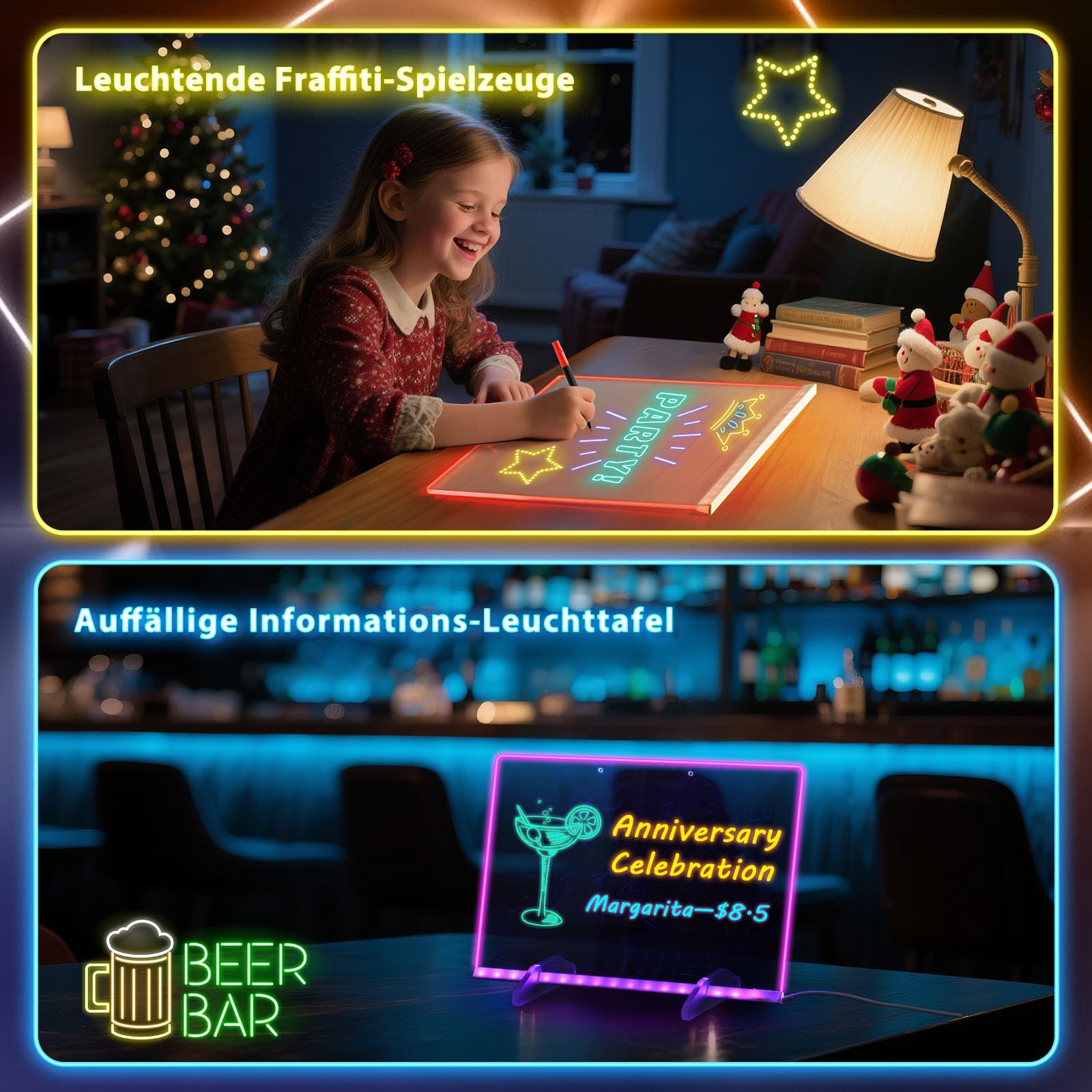 BlueSwan Led Zeichenbrett, Spielzeug für Kinder mit 12 Farben Einstellbar 7 Licht Modi, Komplettset inkl, Ständer & Kette, Abwischbar für Maltafel Zaubertafel, kreatives Geschenk, Memo, Café, Zuhause