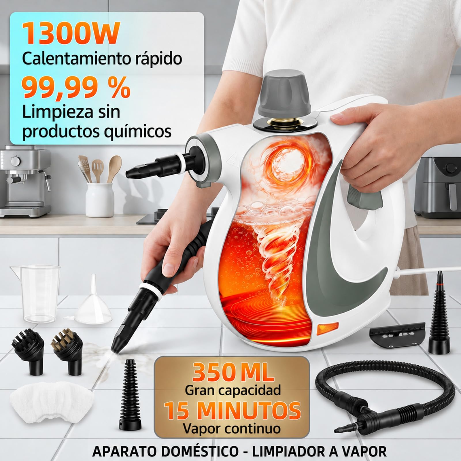 Vaporseguro Limpiador a Vapor de Mano, 12 Accesorios para Hogar y Coche