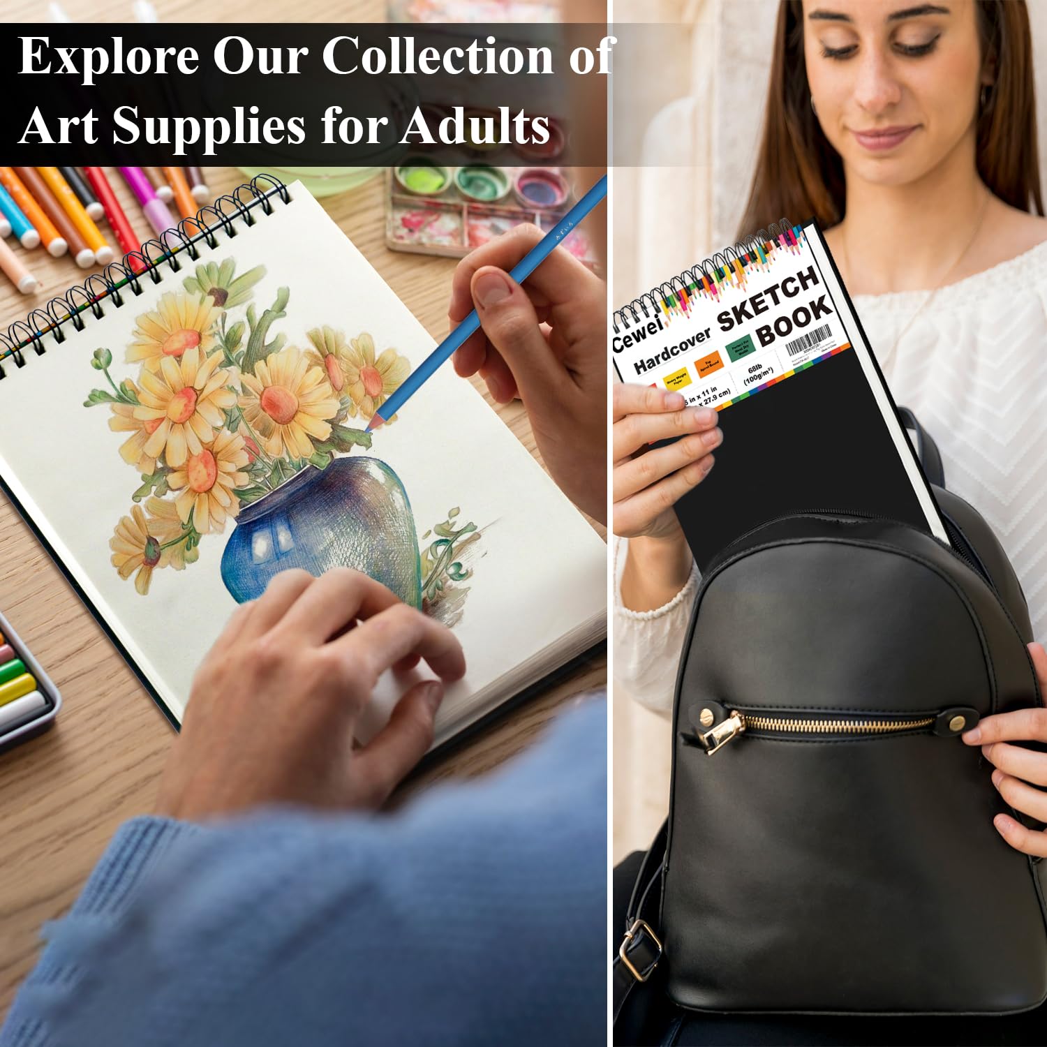 Cuaderno de bocetos de 8.5 x 11 pulgadas, 100 hojas de tapa dura, papel de dibujo de 70 libras/100 g/m², almohadilla de dibujo en espiral superior.