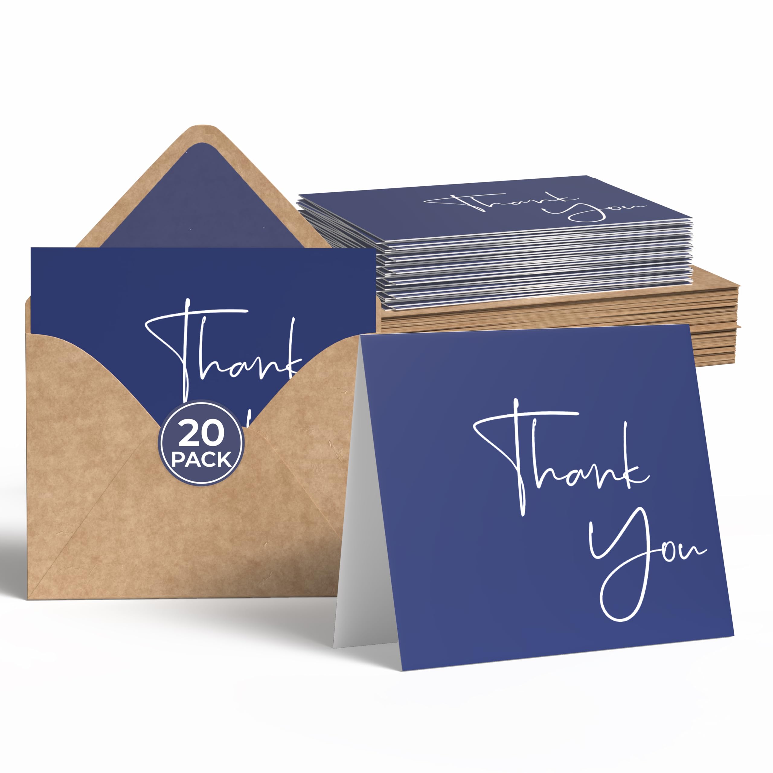 VNS Creations 20 Pack Thank You Cards With Envelopes, Stickers, 3.5x5 Inch Blank Thank You Notes - Bulk Box Set Notes for Graduation, Wedding, Small Business, Baby & Bridal Shower Card - Navy Blue