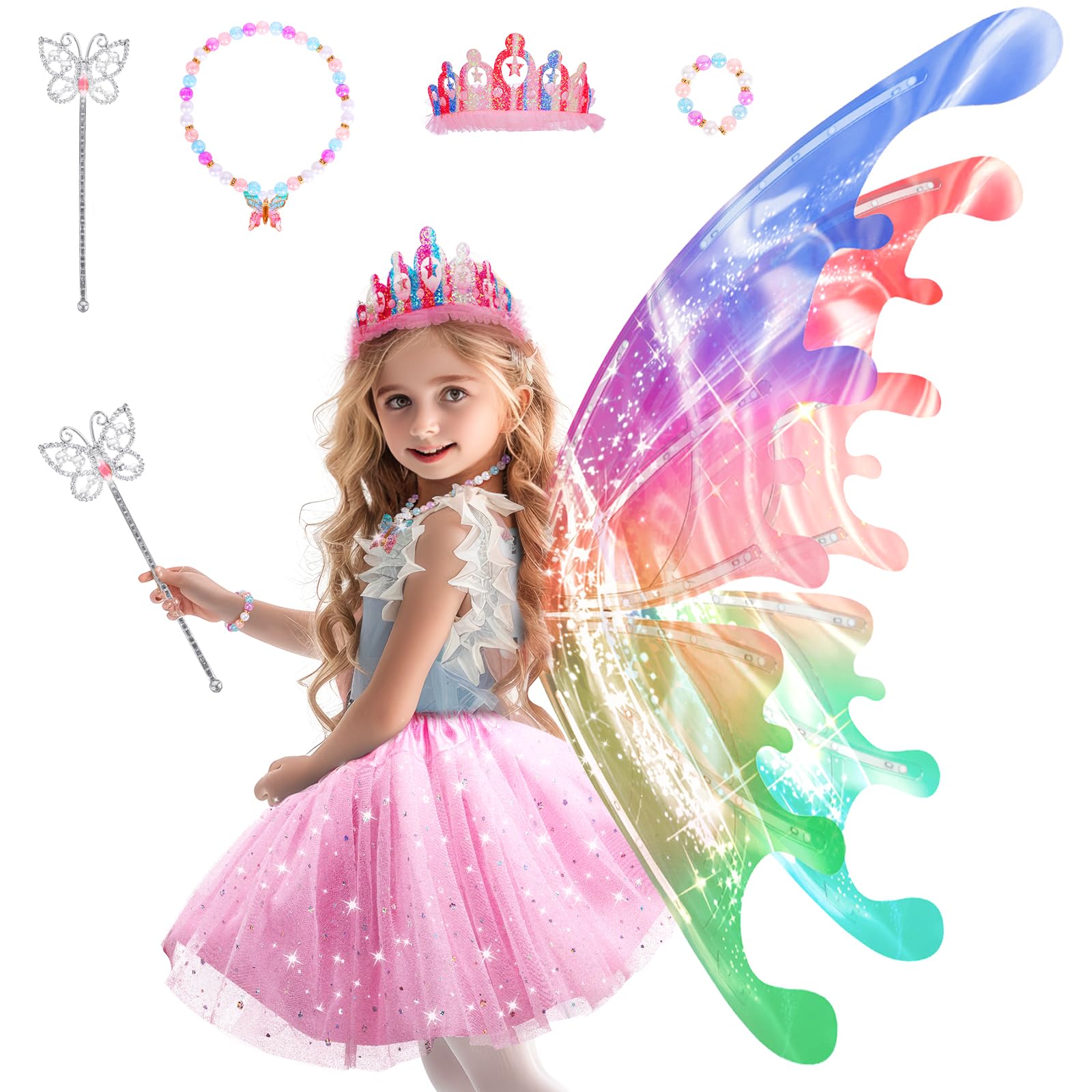 2025 Princess Dress up Costume with Electric Fairy Wings for Girls, Light Up Moving Butterfly Wings with LED Lights&Music, Cosplay Costume with Crown/Wand/Bracelets/Necklaces Dress Up Toy for Kid