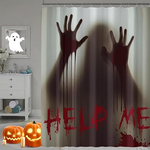 Cortinas de ducha de Halloween para baño, Ayúdame con manos sangrientas para decoración de baño con temática de Halloween, cortina de baño de tela