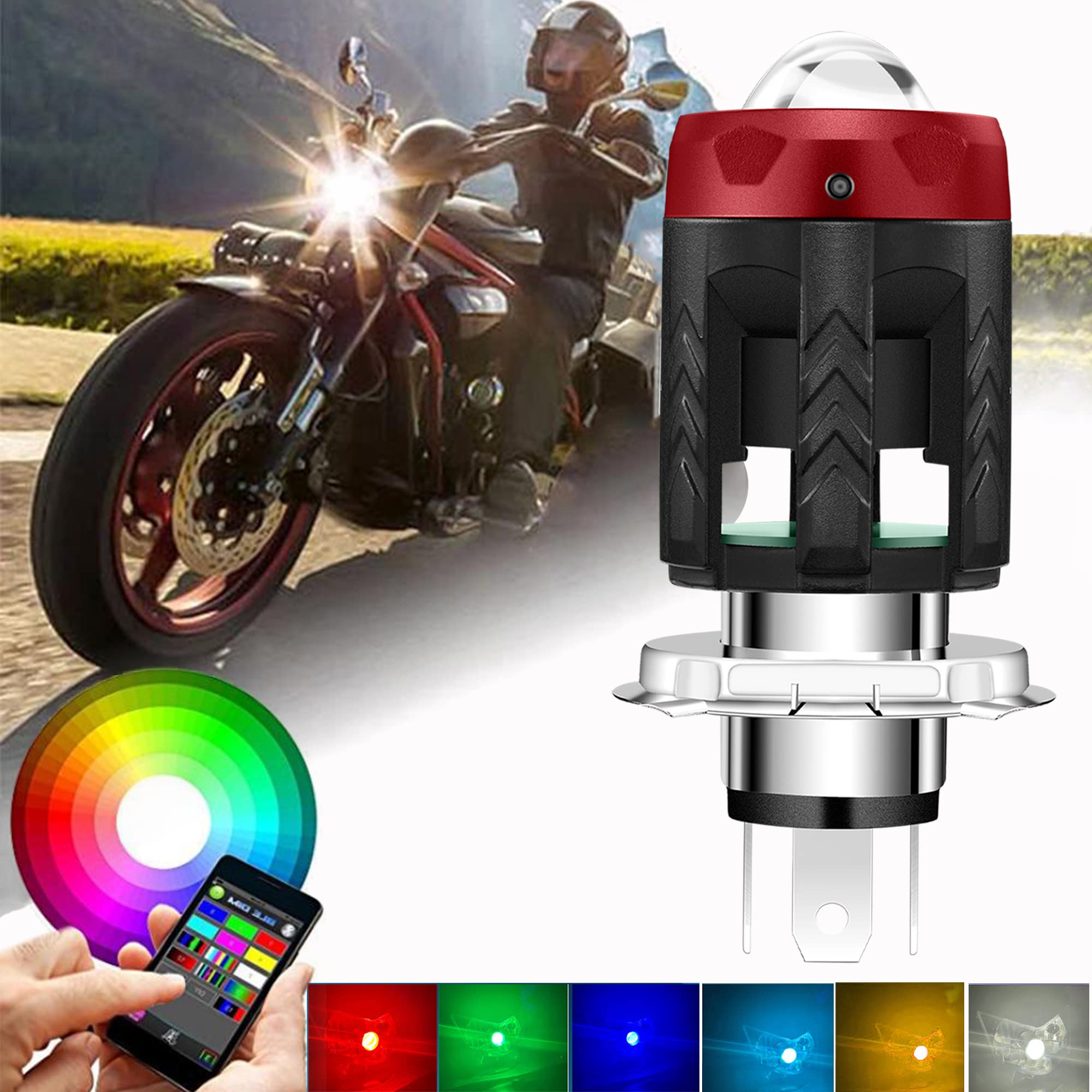 UWDESY Motorcycle H4 LED Headlight Bulb,Smartphone APP Intelligent Dimming RGB LED Car Daytime Running Light 9003 Hi/Lo Beam 6500K Conversion Kit for Motorcycle Electrombile Tricycles Car