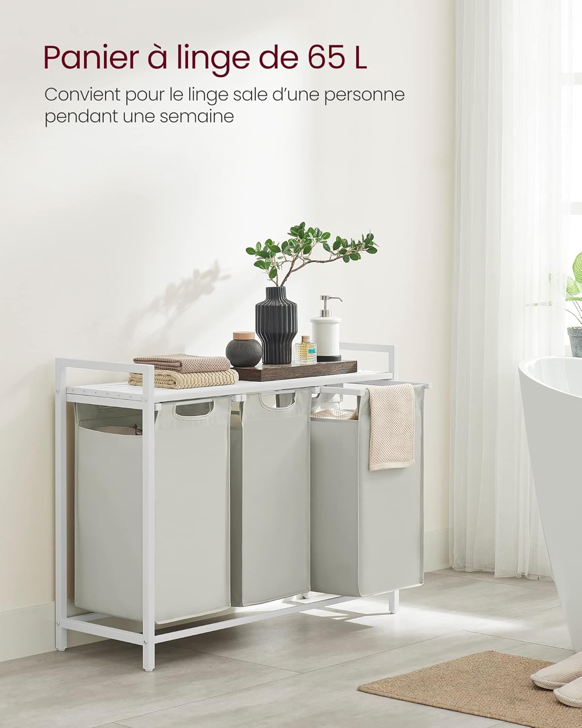 VASAGLE Corbeille à Linge avec 3 Compartiments Amovibles - Tissu Oxford Durable et Cadre en Métal pour Organisation Optimisée (114L) - Image détaillée