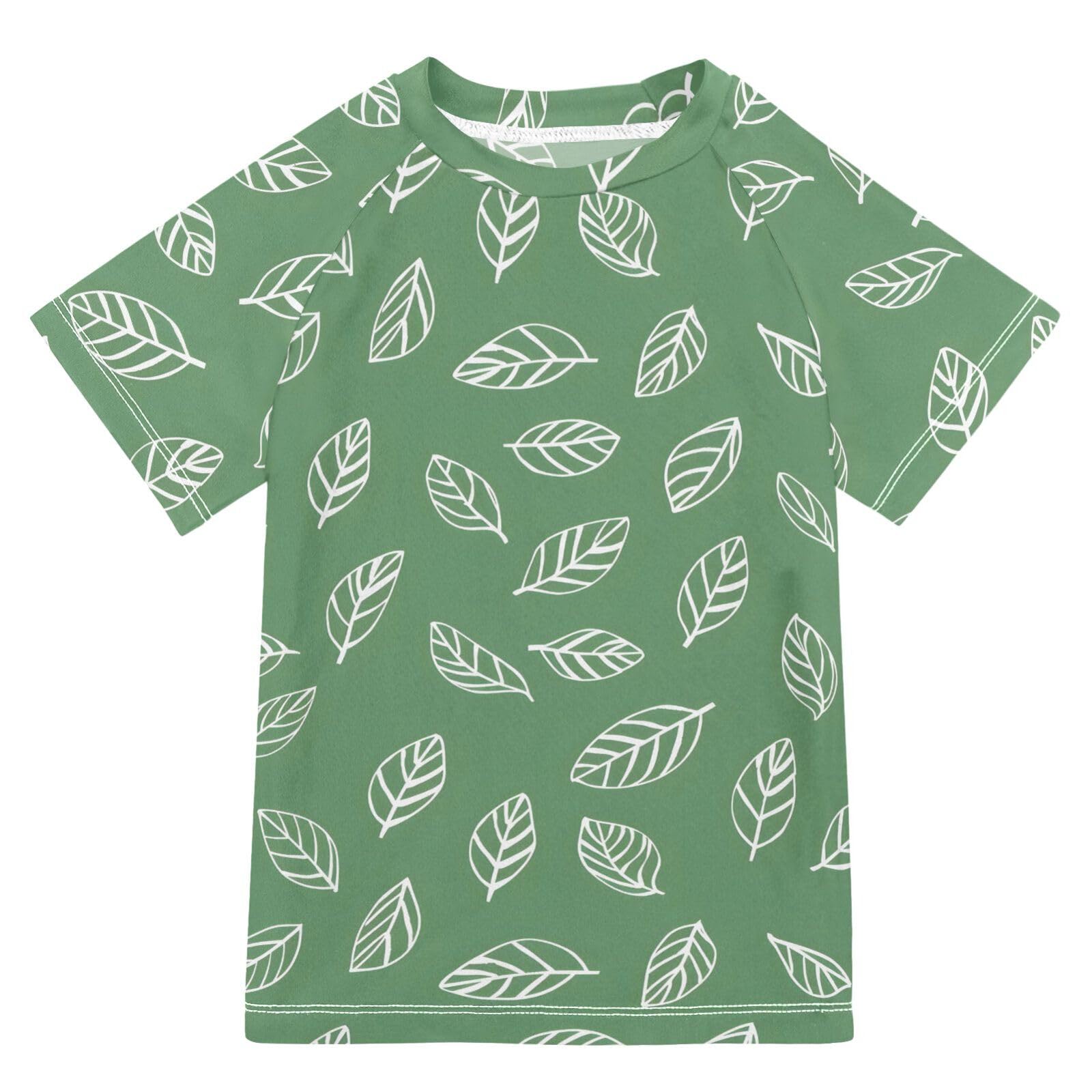 ALAZA Kids Rash Guard Boys Toddler Swim Shirts Short Sleeve Leaves White Lines UPF 50+ 3T