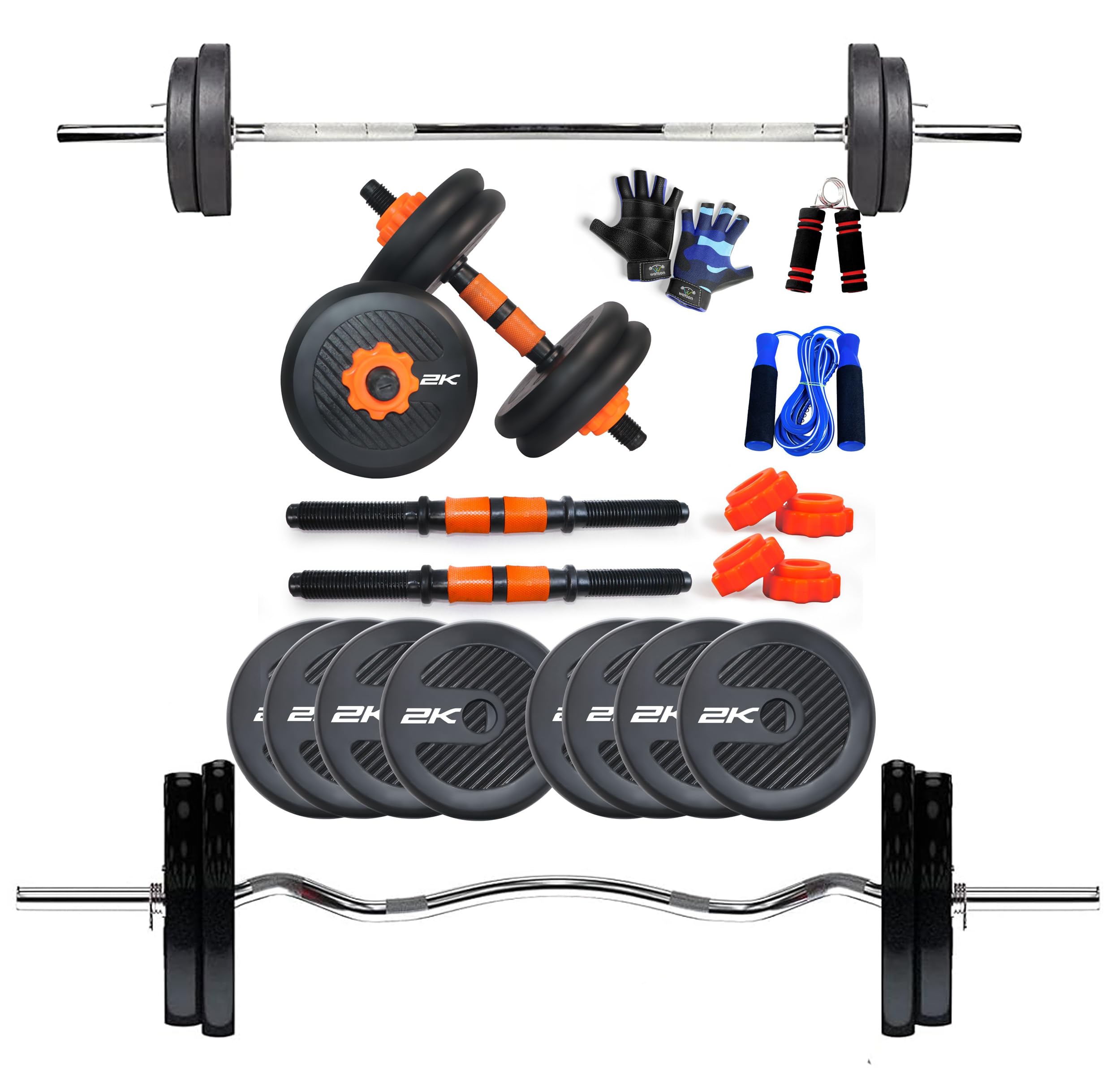 WATSON Premium Home Gym Set for Men & Women, Home Gym Combo with Rubber Weight Plates, 25mm 3Ft Curl bar, 3Ft Straight Bar, Hard PVC Dumbbell Rods, Gripper, Skipping Rope & Gym Gloves (16 KG Combo)