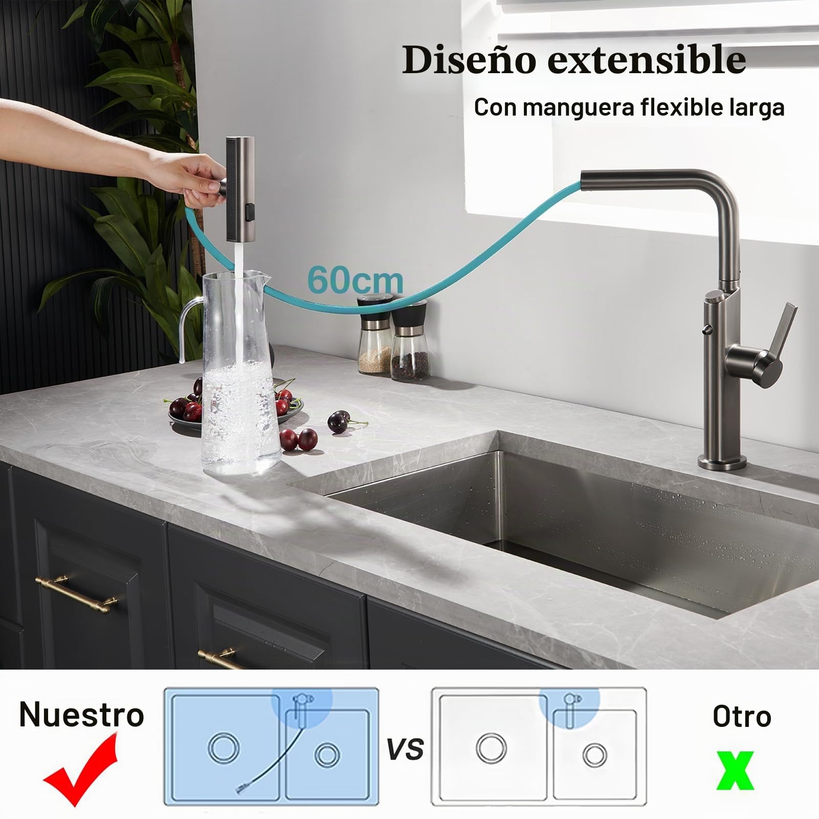 Grifo de Cocina 3 Vías con Ducha Extraíble, Grifo de Agua Potable para Sistemas di Ósmosis o Filtro de Agua, Monomando 4 Modos Grifo de Fregadero de Cocina con Dos Salidas (Negro)