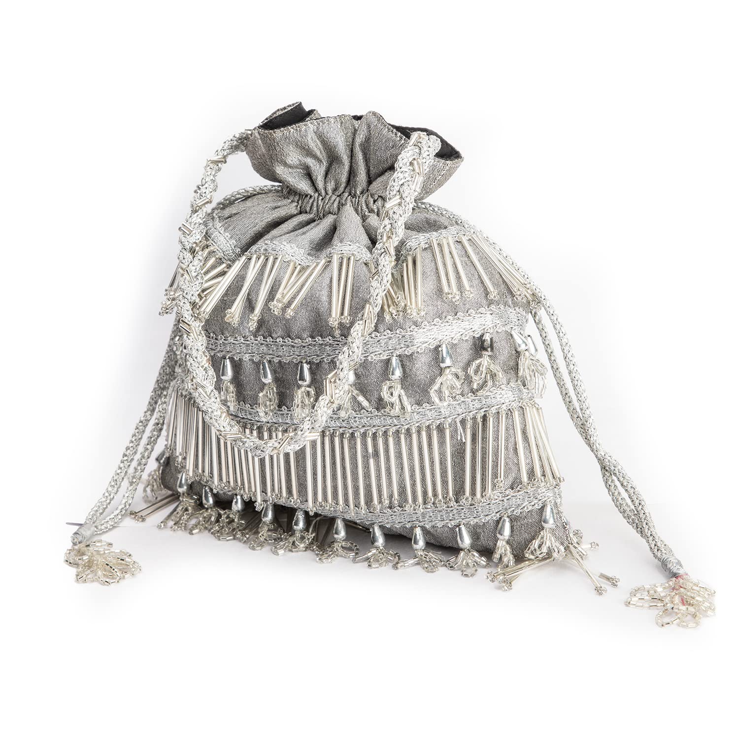 DEEBACO Womens Ethnic Rajasthani Embellished Silk Potli, Handbag, Wristlets, Girls with Handmade Embroidery, Antique Sequin, Beads, for Parties and Weddings Silver Hues Potli Bag (SILVER) (B0B2KHPY7G) Amazon Price History, Amazon Price Tracker