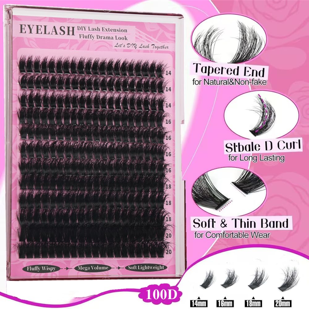 Individual Eyelashes Wispy Lash Clusters Kit 100D Cluster Lashes DIY Eyelash Extension Kit 14-20MM Russian D Curl Lashes 240PCS Individual Cluster with Tweezers and Bond and Seal(100D KIT) - Image 4