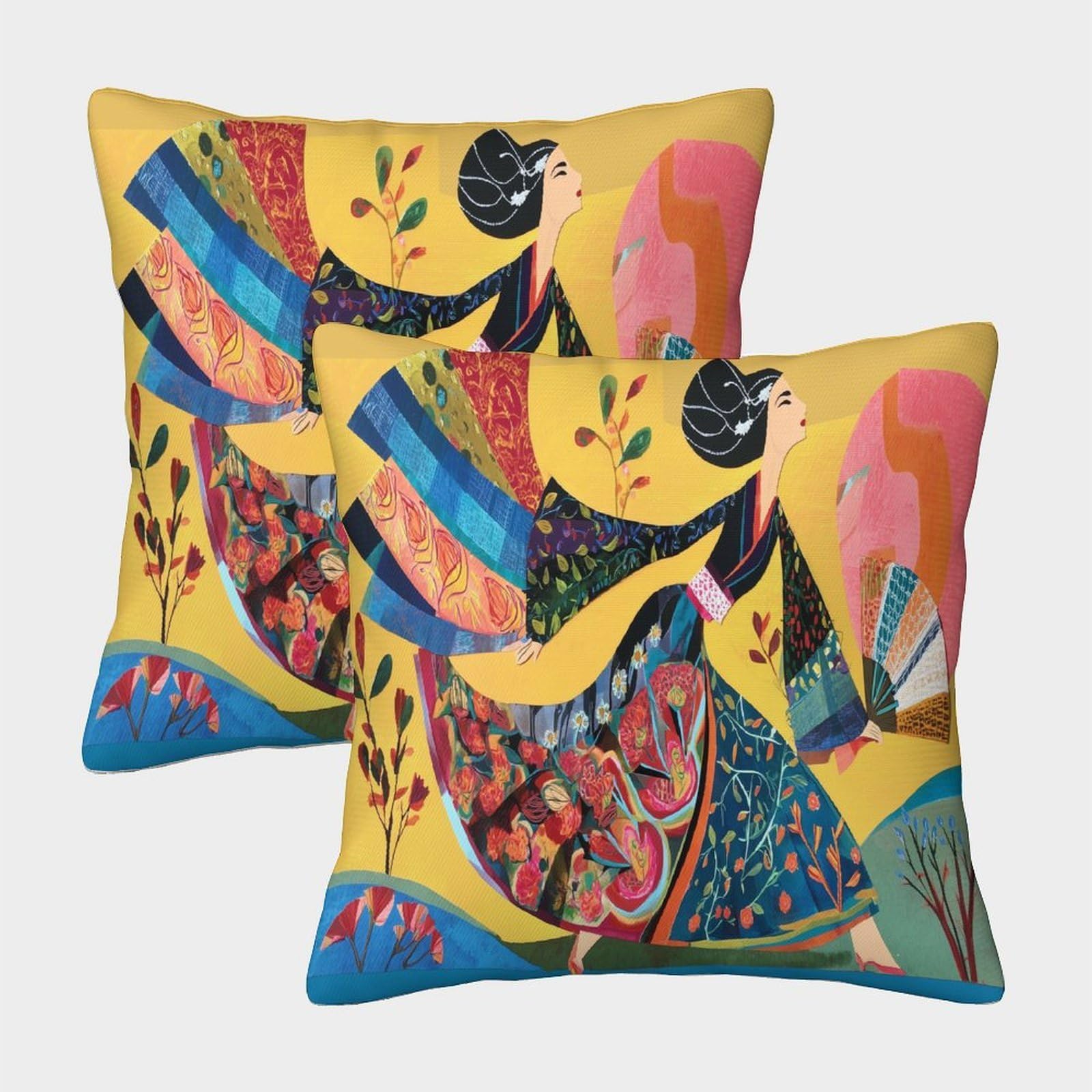 kaiyun 2 Pack Flying Japanese Geisha Personalised Cushion Cover Home Sofa Decoration 45x45cm Pillow Covers