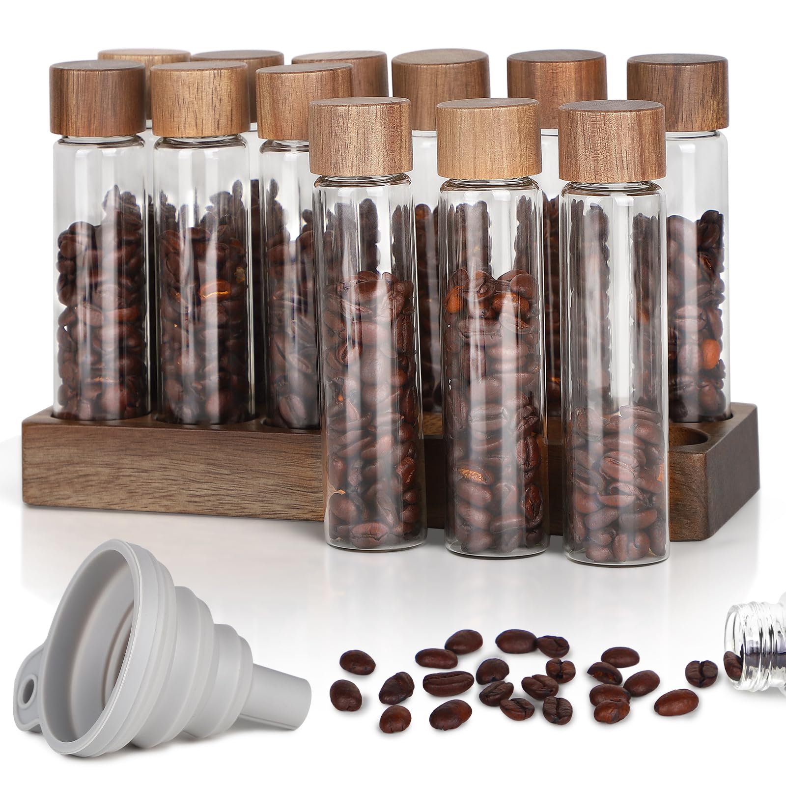 EFUTURETIME 12 Récipients à Grains De Café En Verre Scellé Avec Support Bois 12 Trous & Entonnoir Silicone - Stockage Dose Unique Frais