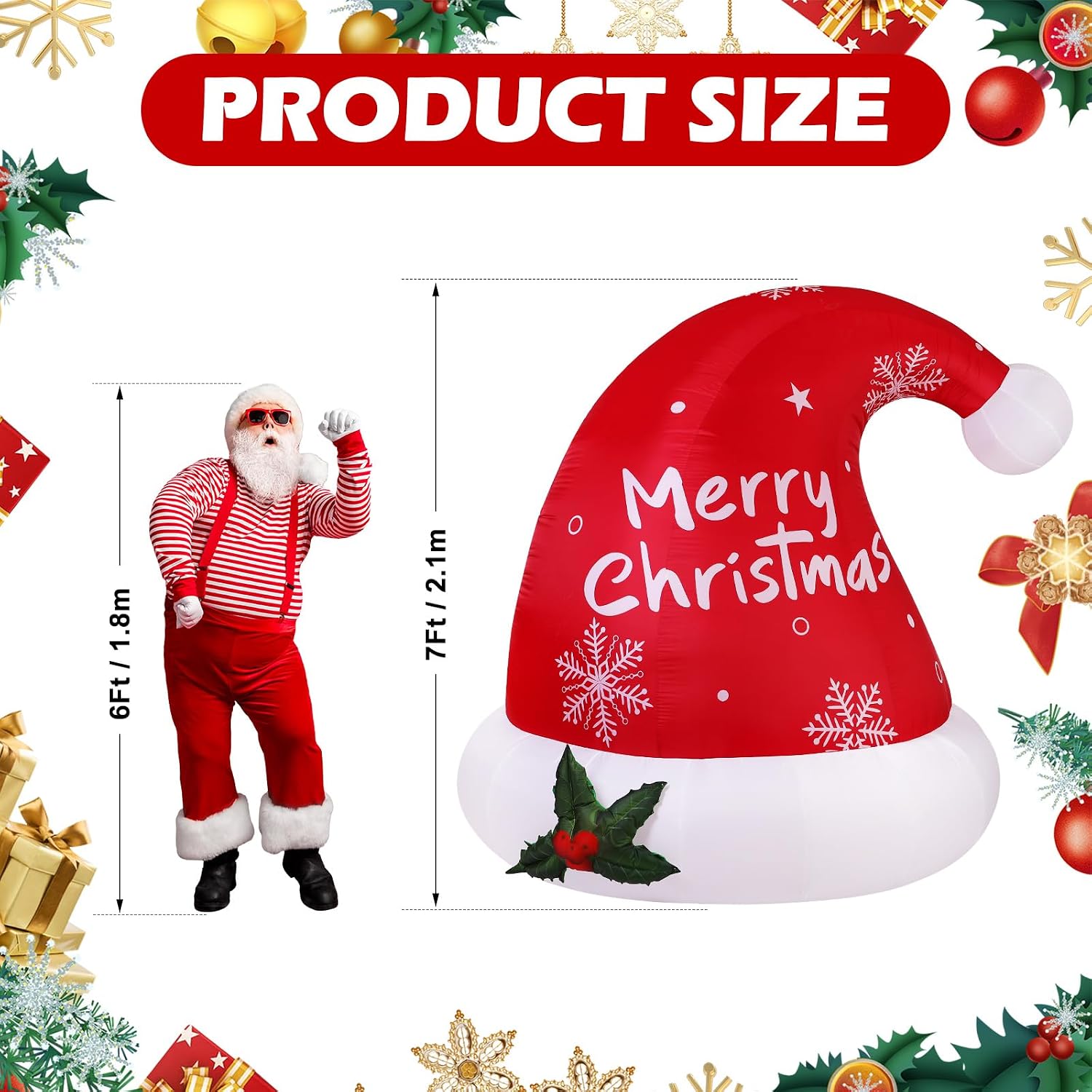 leyndo christmas inflatable 7ft santa hat blow up yard outdoor decoration with built in led lights, lighted blow-up funny lawn outside decor for xmas winter holiday party garden indoor home display