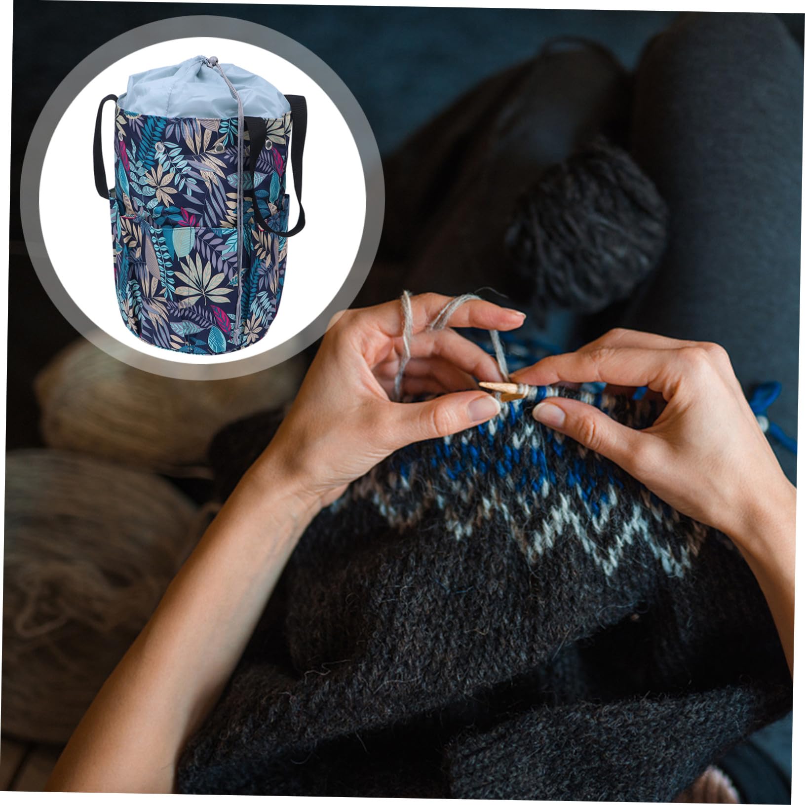 Multifunktionale Oxford Aufbewahrungstasche mit Modischem Blätterdesign Praktischer Wollgarn Organizer Tote Bag für Stricknadeln Häkelnadeln und Handarbeitszubehör