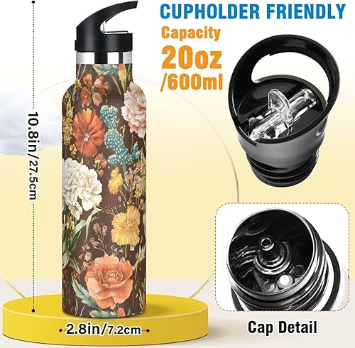 Miniatura 2 de Autumn Flowers Carnation Cactus Amaryllis Brown Leak Proof & BPA Free Sport Insulated Water Bottle With Straws Leak-proof Double-Wall Insulation for