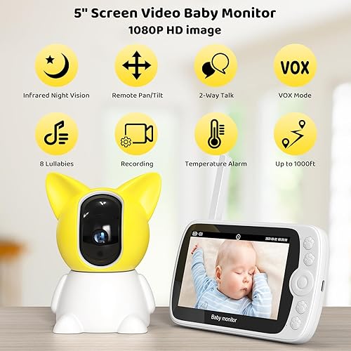 Miniatura 2 de VAVSEA Monitor de bebé, pantalla LCD de 5 pulgadas, monitor de video de bebé 1080P con cámara y audio, alcance de 1000 pies, VOX, visión nocturna,