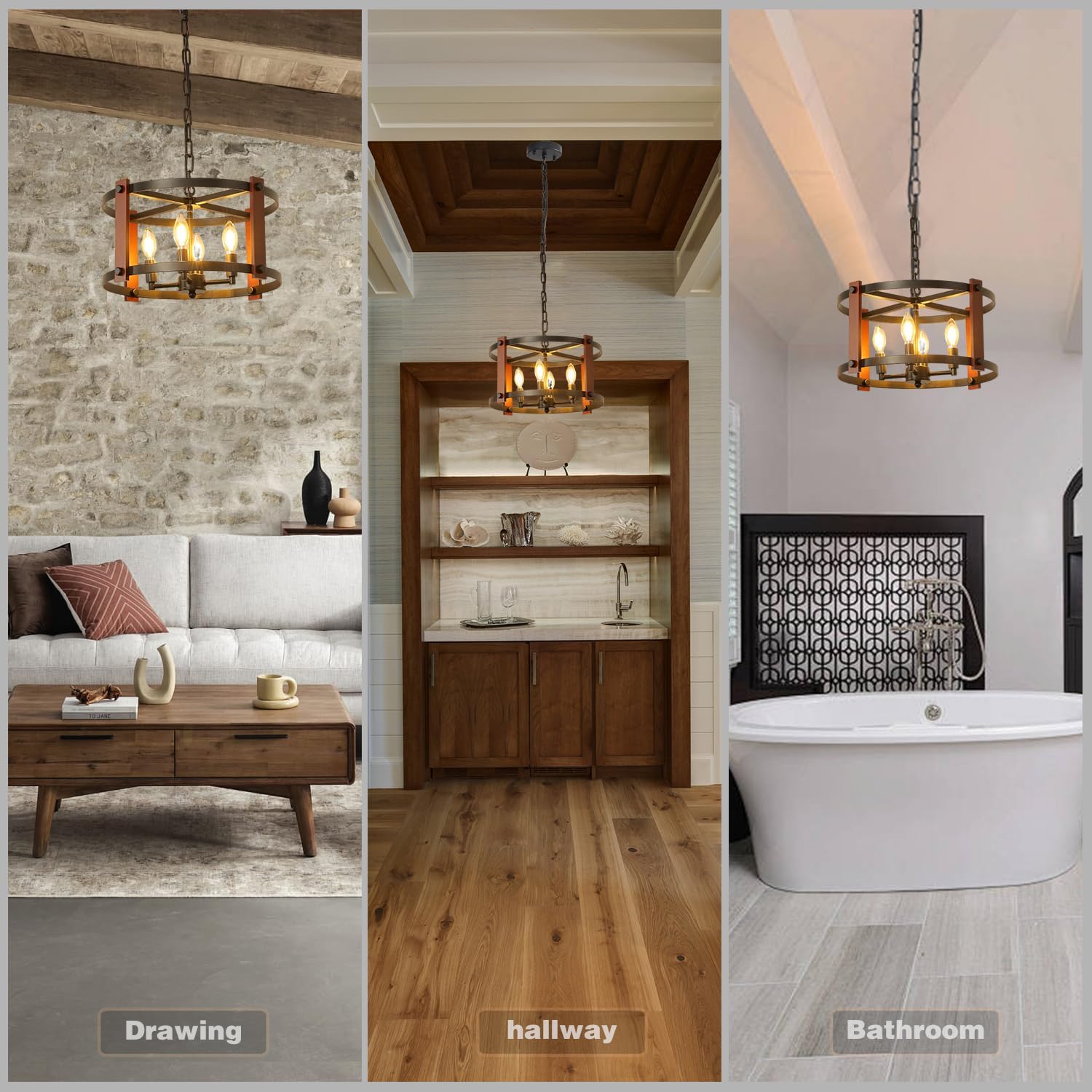 Farmhouse Wood Chandelier,18 Inch Black Modern Rustic Vintage Hanging Pendant Ceiling Light Fixture for Dining Room Bedroom Kitchen Island Hallway Foyer Entryway（4 Light