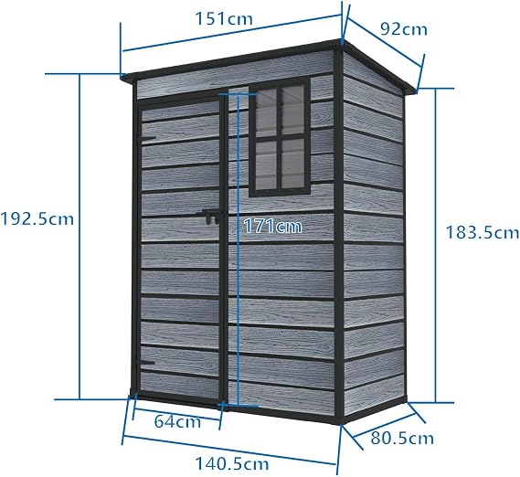 BIRCHTREE 5X3FT Plastic Garden Shed with Floor Pent Roof Wood Grain Effect Fade Free All Weather Resistant Lockable Door Outdoor Storage Box Air Vent&Window Garden Tool Shed Low Maintenance Grey