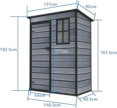 BIRCHTREE 5X3FT Plastic Garden Shed with Floor Pent Roof Wood Grain Effect Fade Free All Weather Resistant Lockable Door Outdoor Storage Box Air Vent&Window Garden Tool Shed Low Maintenance Grey